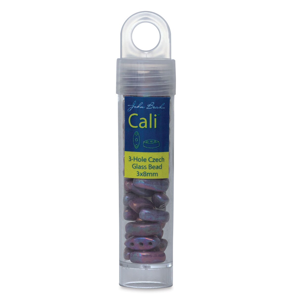 John Bead Czech Glass Cali Three-Hole Beads - Chalk White/Vegas Iris, Pkg of 40