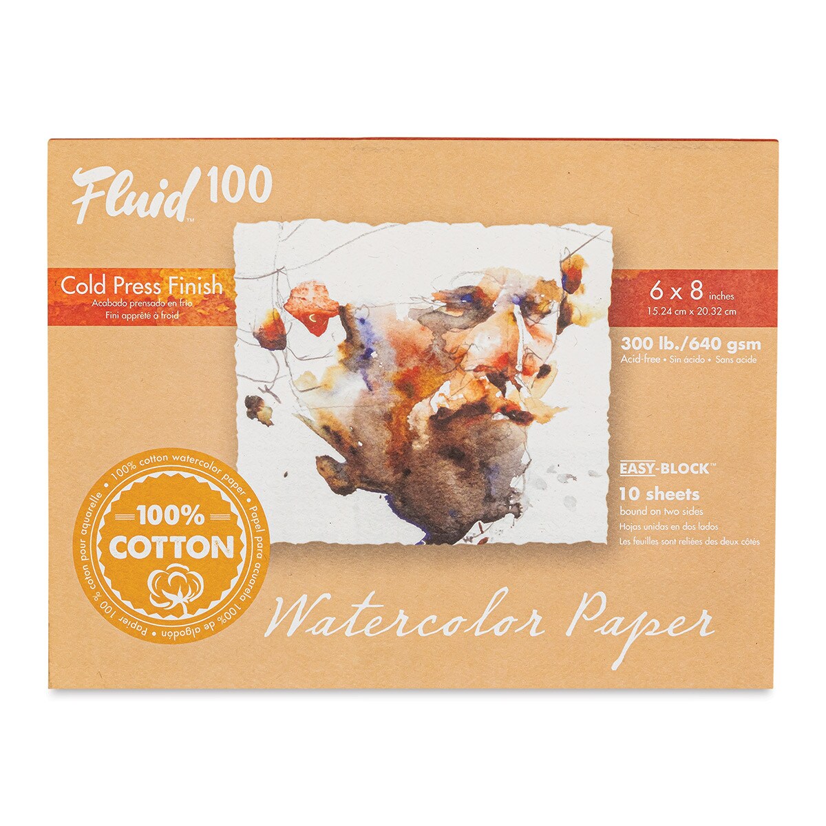 Fluid 100 Watercolor Paper Block - 6&#x22; x 8&#x22;, Pkg of 10 Sheets, 300 lb, Cold Press