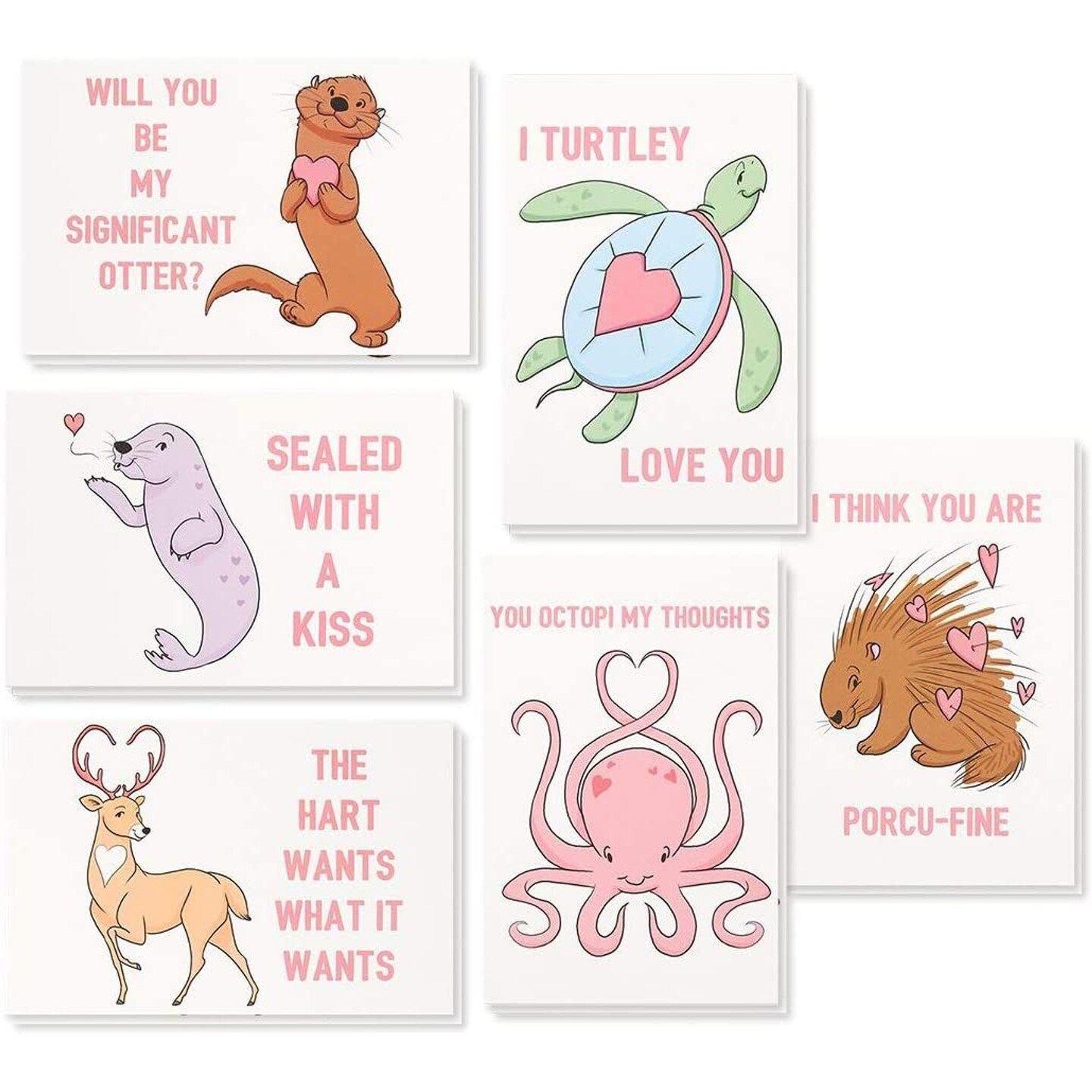 Animal Pun Valentine's Cards with Envelopes, 6 Designs (4 x 6 In, 48 ...