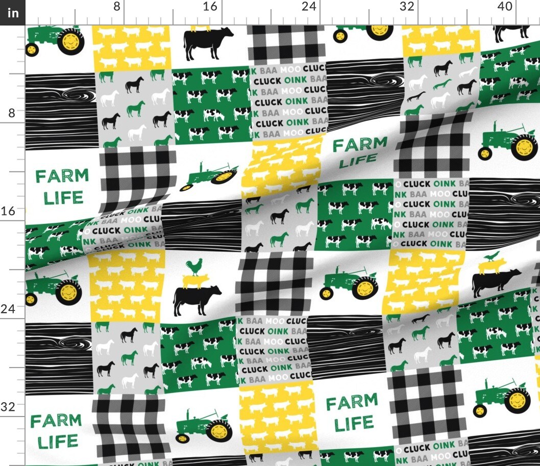 Various Fabrics by the Yard or Fat Quarter Farm Life Wholecloth Green Yellow Black Woodgrain Patchwork Horse Plaid Quilt Themed Cows Horses Custom Printed Fabric by Spoonflower
