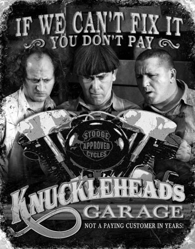 Desperate Enterprises The Three Stooges - Knuckleheads Garage Tin Sign - Nostalgic Vintage Metal Wall Decor - 12.5" W x 16" H