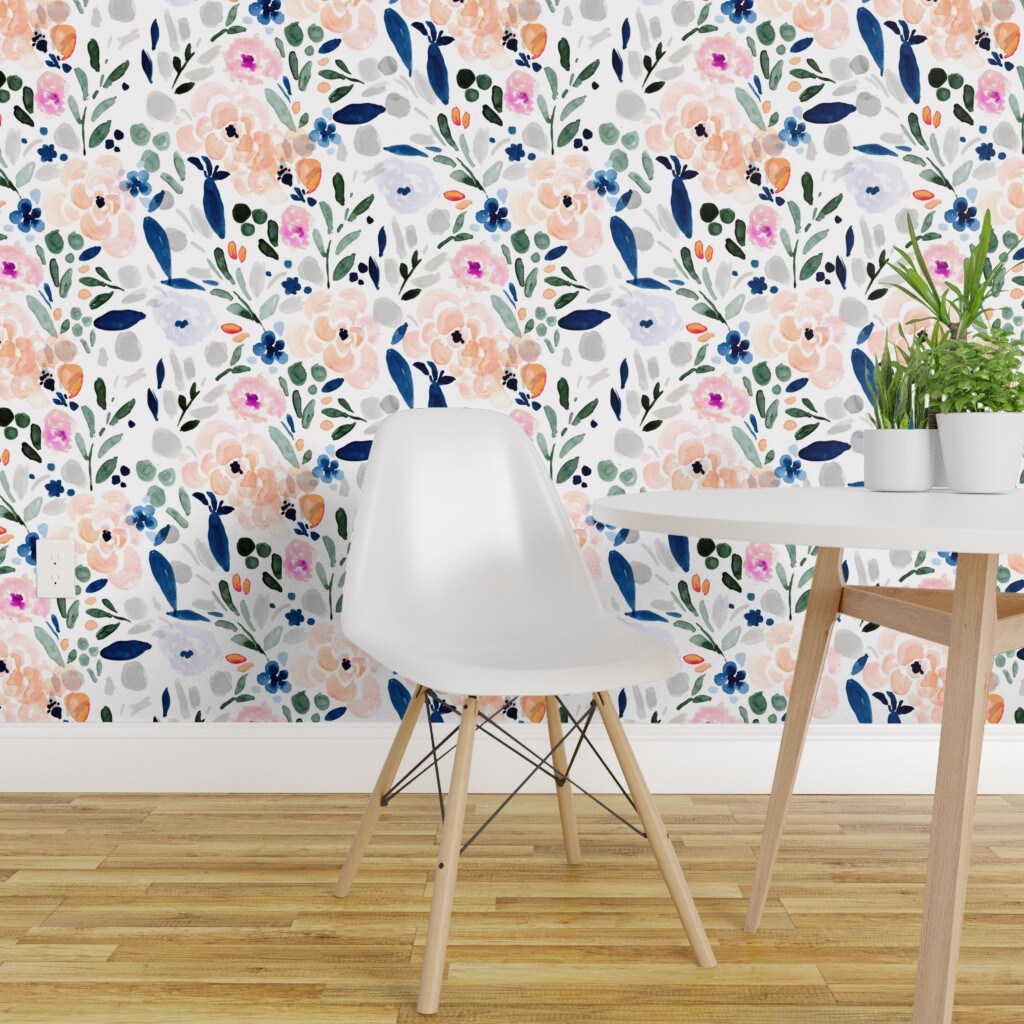 Pre-Pasted Wallpaper 2FT Wide Floral Gray Flowers Pastel Navy ...