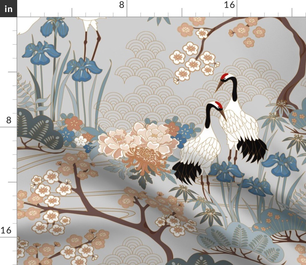 Large Scale Japanese Garden Grey Asian Floral Birds Animals Custom Printed Fabric by Spoonflower Various Fabrics by the Yard or Fat Quarter