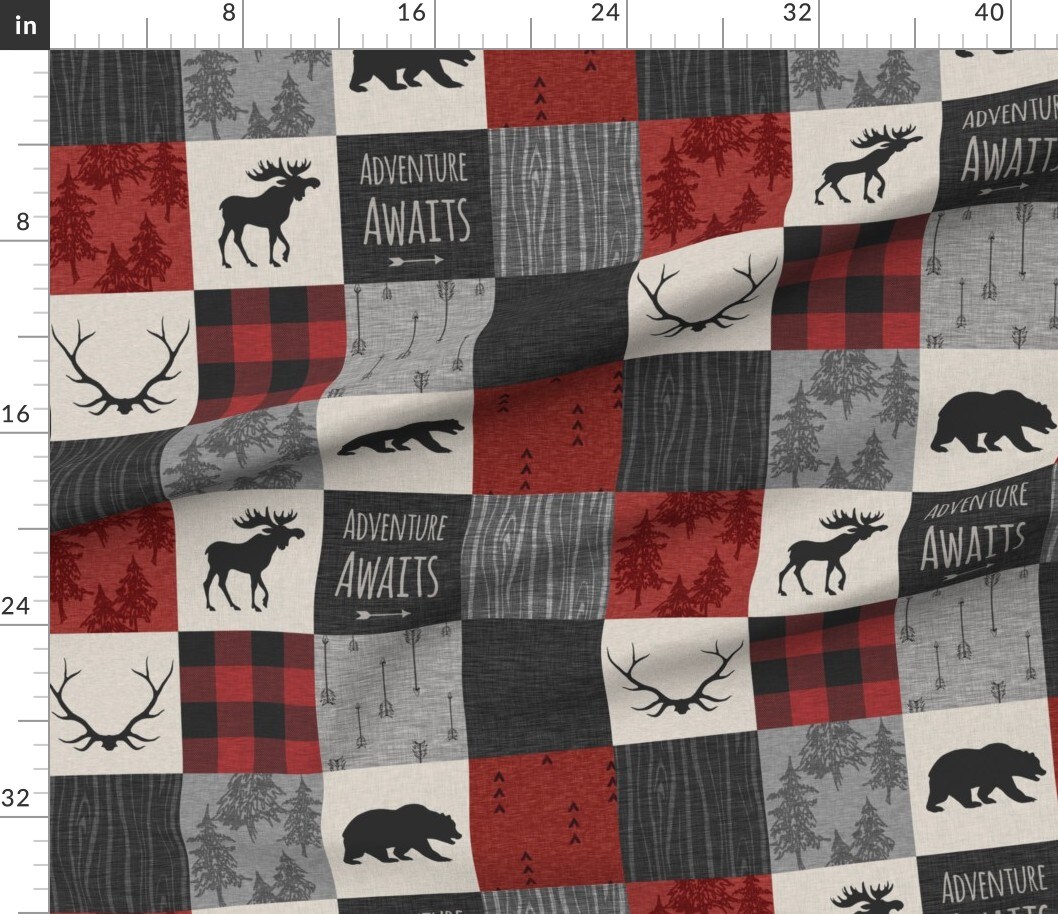Various Fabrics by the Yard or Fat Quarter Adventure Awaits Quilt Grey Black Red Buffalo Check Plaid Moose Bear Woodland Custom Printed Fabric by Spoonflower