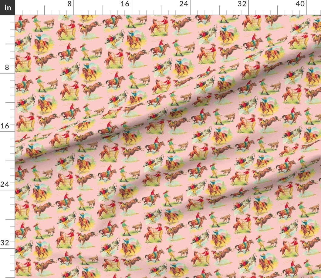 Vintage Inspired Western Rodeo Americana Pink Roping Bronco Custom Printed Fabric by Spoonflower Various Fabrics by the Yard or Fat Quarter