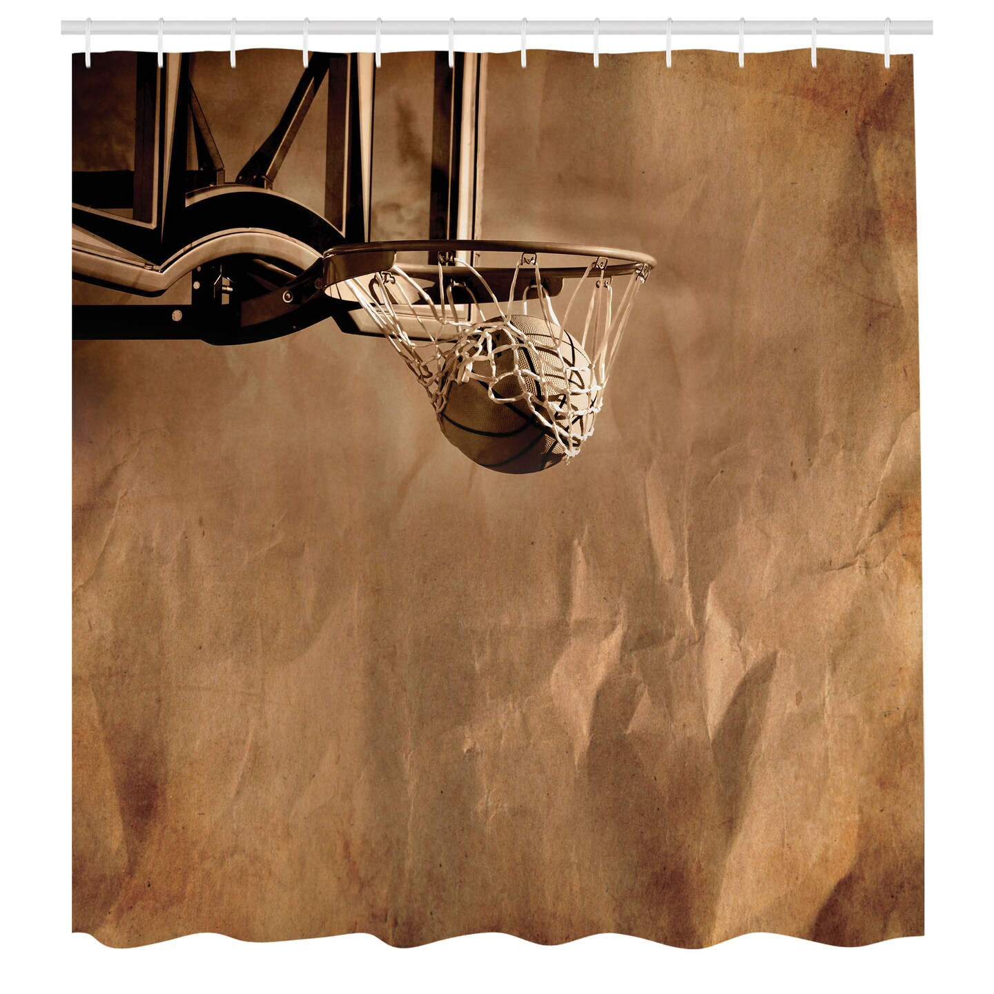 Ambesonne Basketball Shower Curtain, Ball in The Net on Crumpled Paper Style Backdrop Scoring Sports Competition Print, Cloth Fabric Bathroom Decor Set with Hooks, 69" W x 70" L, Sepia