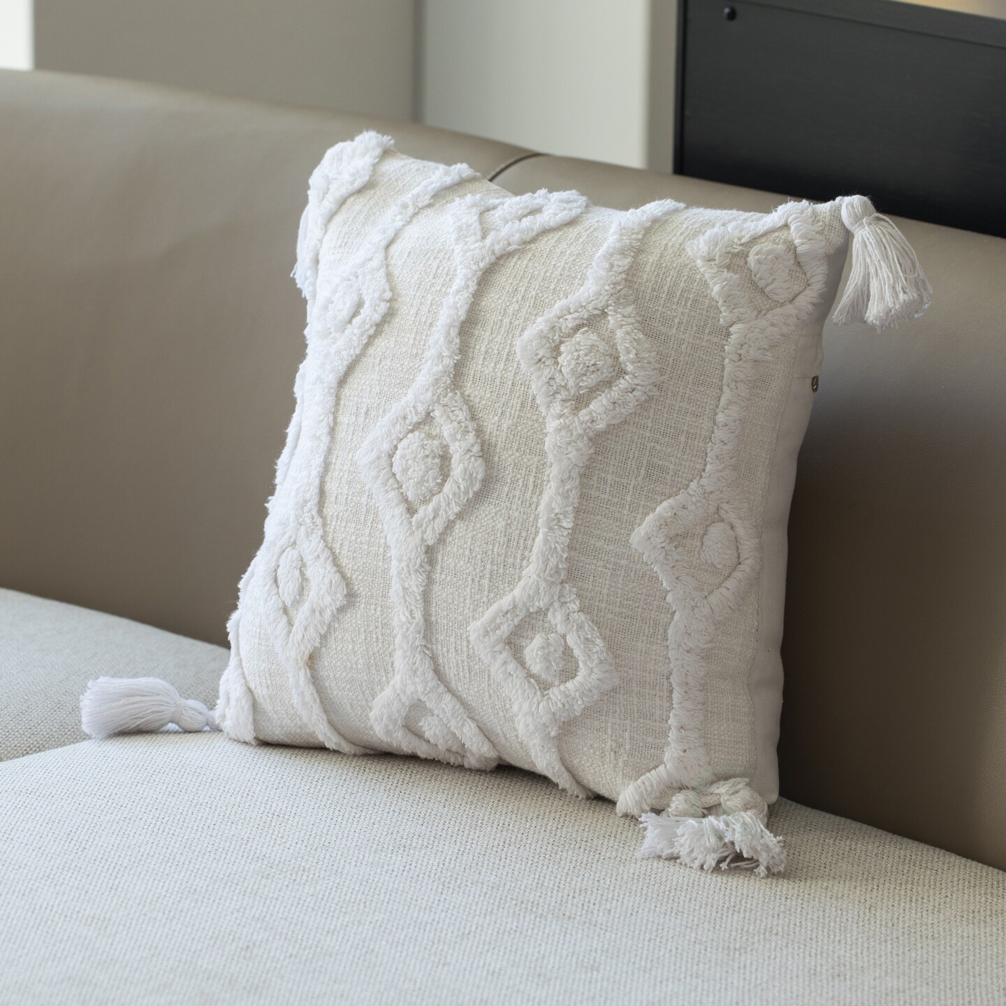 16&#x22; Handwoven Cotton Throw Pillow Cover with White Tufted Patterns and Tassel Corners