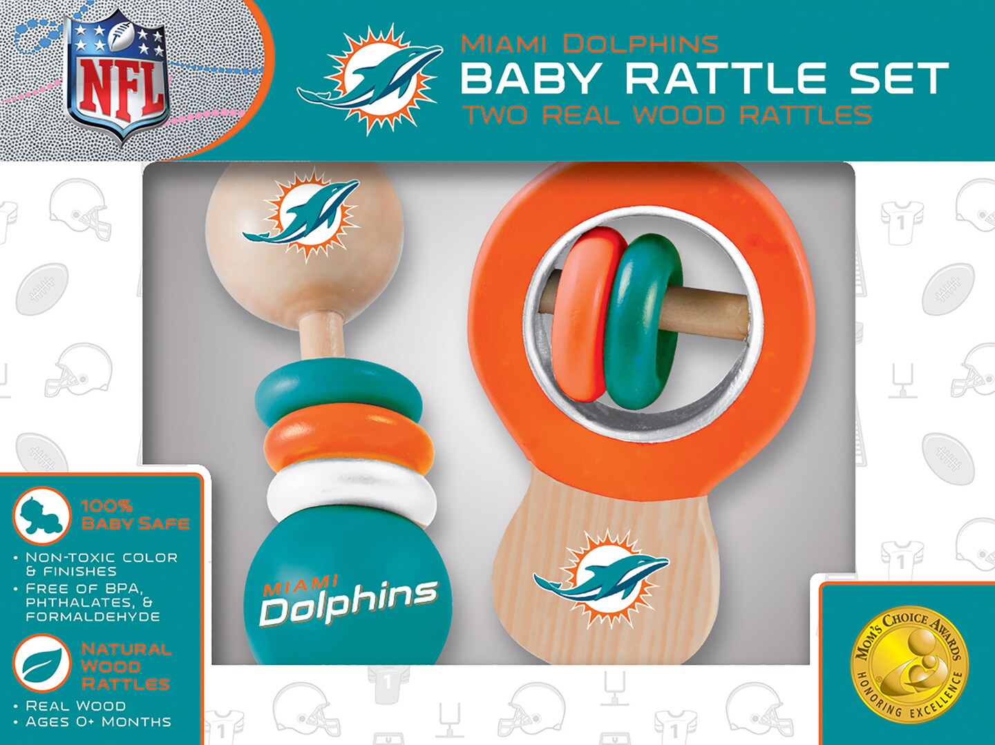 BabyFanatic Wood Rattle 2 Pack - NFL Miami Dolphins - Officially Licensed  Baby Toy Set