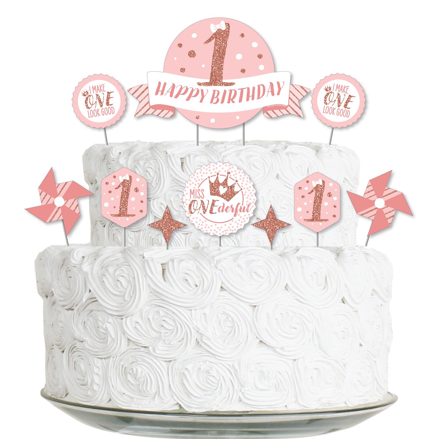 Big Dot of Happiness 1st Birthday Little Miss Onederful - Girl First Birthday Party Cake Decorating Kit - Happy Birthday Cake Topper Set - 11 Pieces