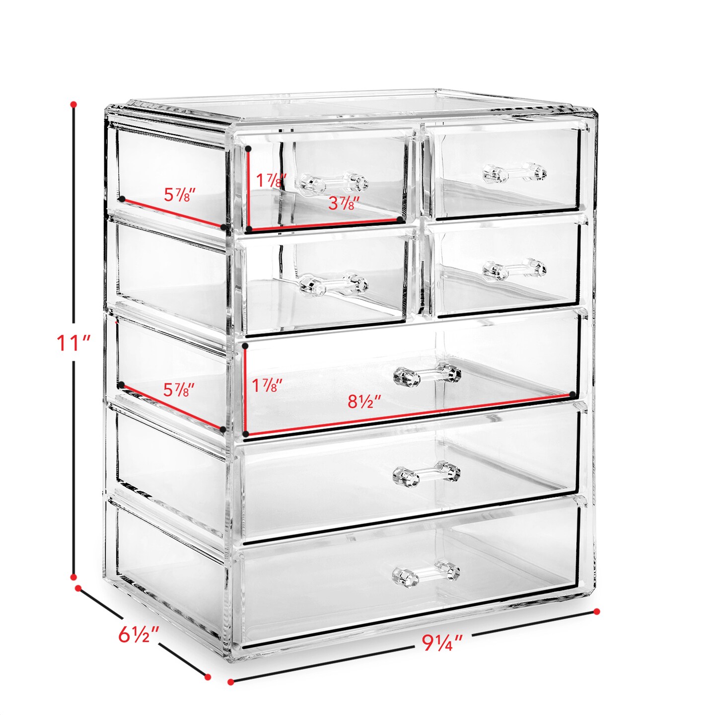 Casafield Acrylic Cosmetic Makeup Organizer &#x26; Jewelry Storage Display Case - 3 Large, 4 Small Drawer Set - Clear