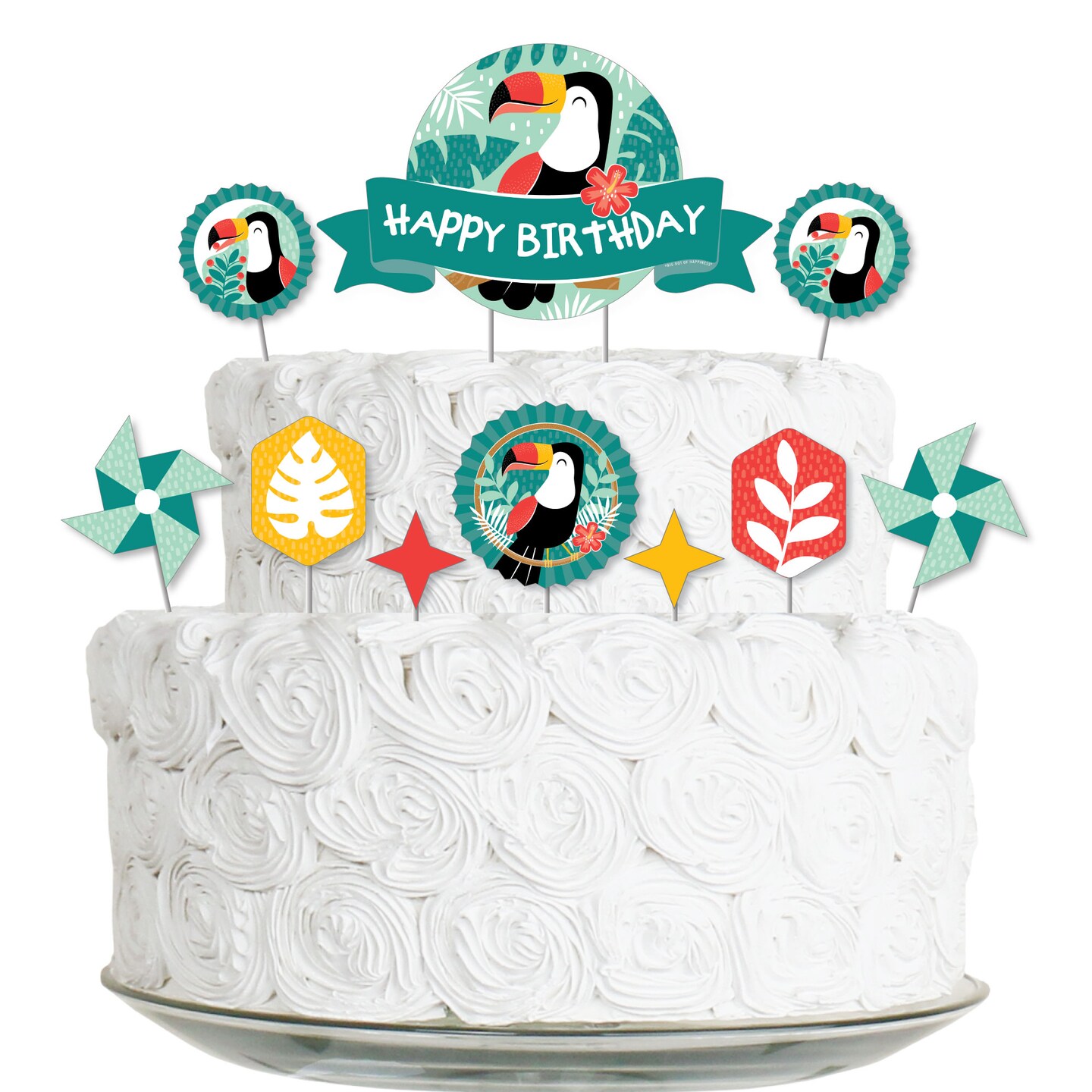 Big Dot of Happiness Calling All Toucans - Tropical Bird Birthday Party Cake Decorating Kit - Happy Birthday Cake Topper Set - 11 Pieces