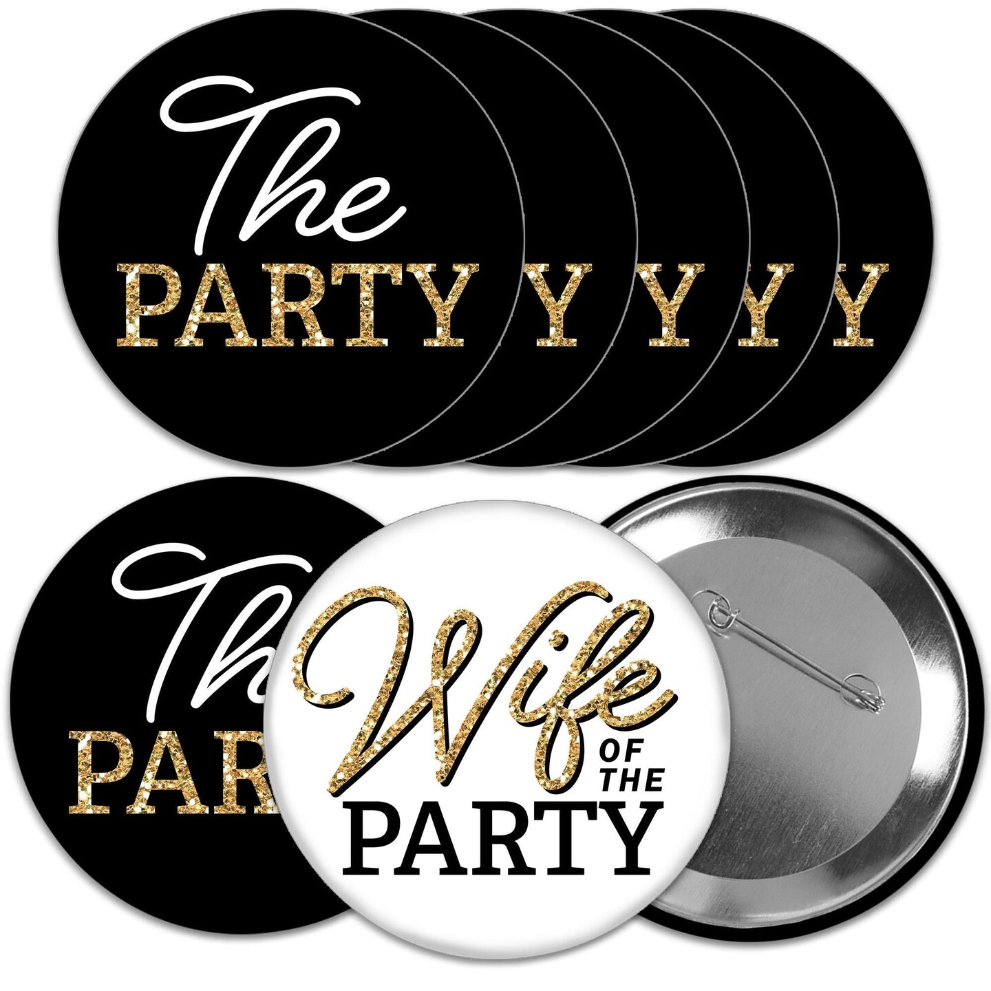 Big Dot of Happiness Wife of the Party - 3 inch Black and Gold Bachelorette Party Badge - Pinback Buttons - Set of 8
