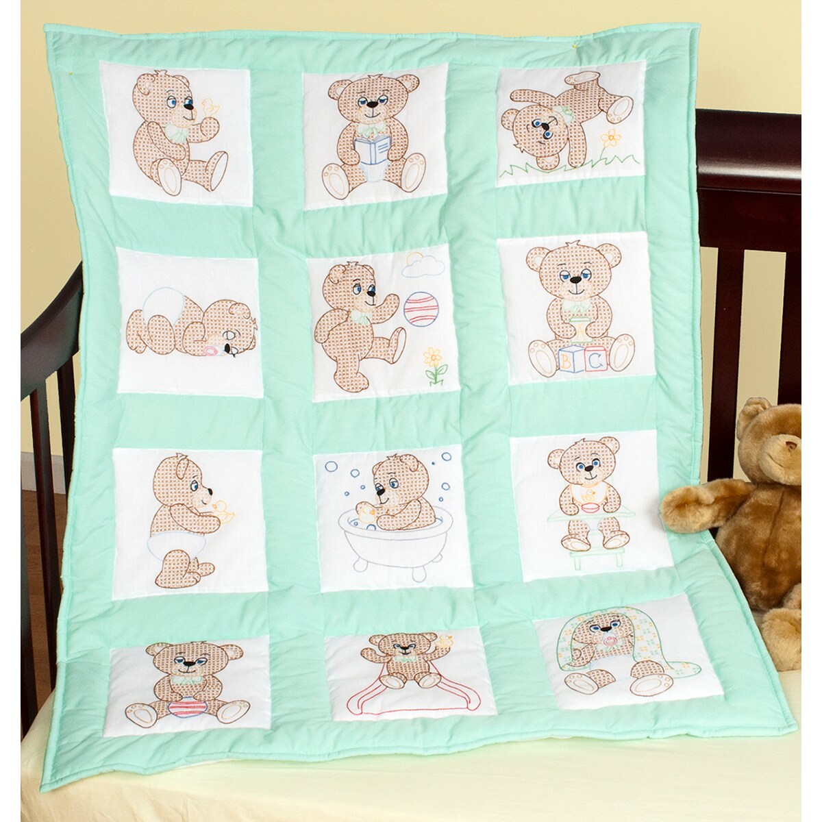 Jack Dempsey Stamped White Nursery Quilt Blocks 9"X9" 12/Pkg-Teddy Bears