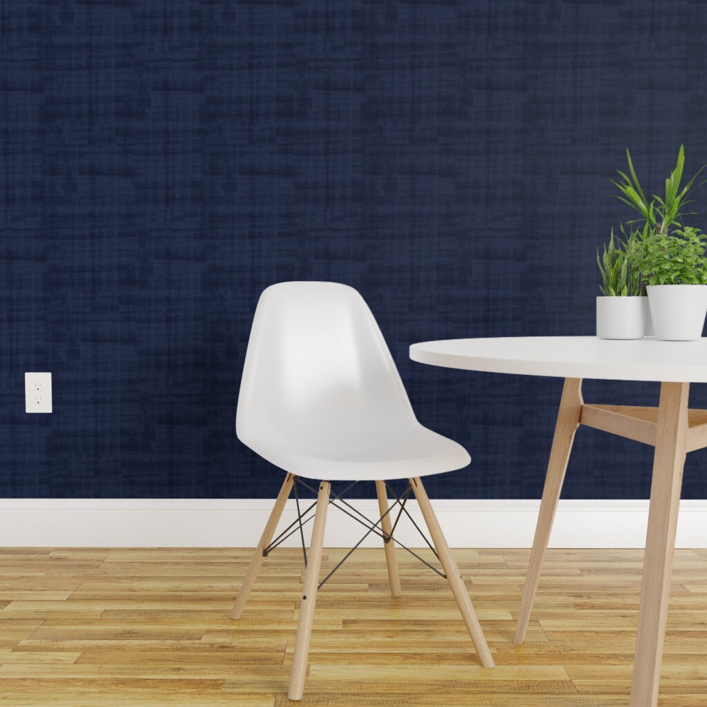 Pre-Pasted Wallpaper 2FT Wide Dark Blue Navy Linen-Look Solid Custom Pre-pasted Wallpaper by Spoonflower