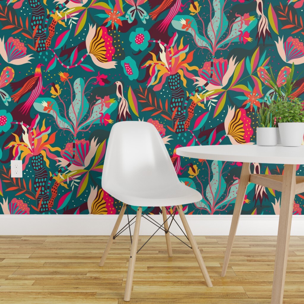 Pre-Pasted Wallpaper 2FT Wide Jungle Bright Flowers Bloom Tropical Midnight Exotic Custom Pre-pasted Wallpaper by Spoonflower