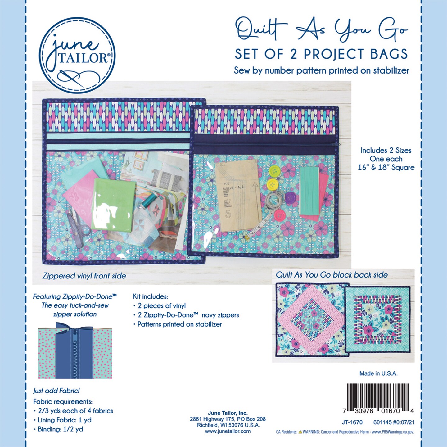 June Tailor Quilt As You Go Project Bag Kit-Navy Zippity-Do-Done