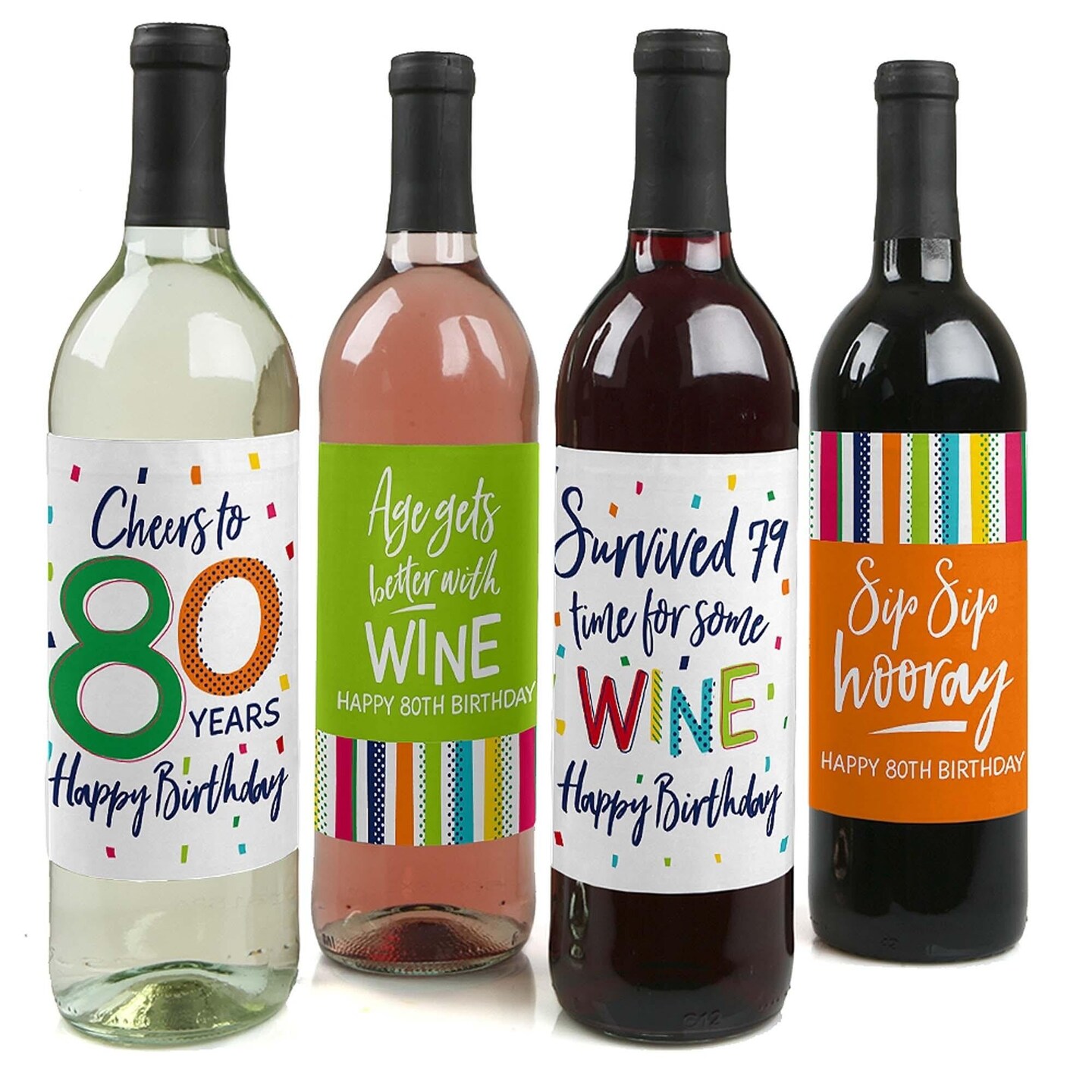 Big Dot of Happiness 80th Birthday - Cheerful Happy Birthday - Colorful Eightieth Birthday Party Decor - Wine Bottle Label Stickers - Set of 4