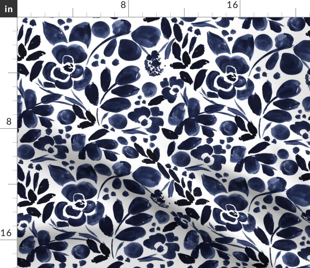 Navy Floral Watercolor Blue Vintage Custom Printed Fabric by Spoonflower Various Fabrics by the Yard or Fat Quarter