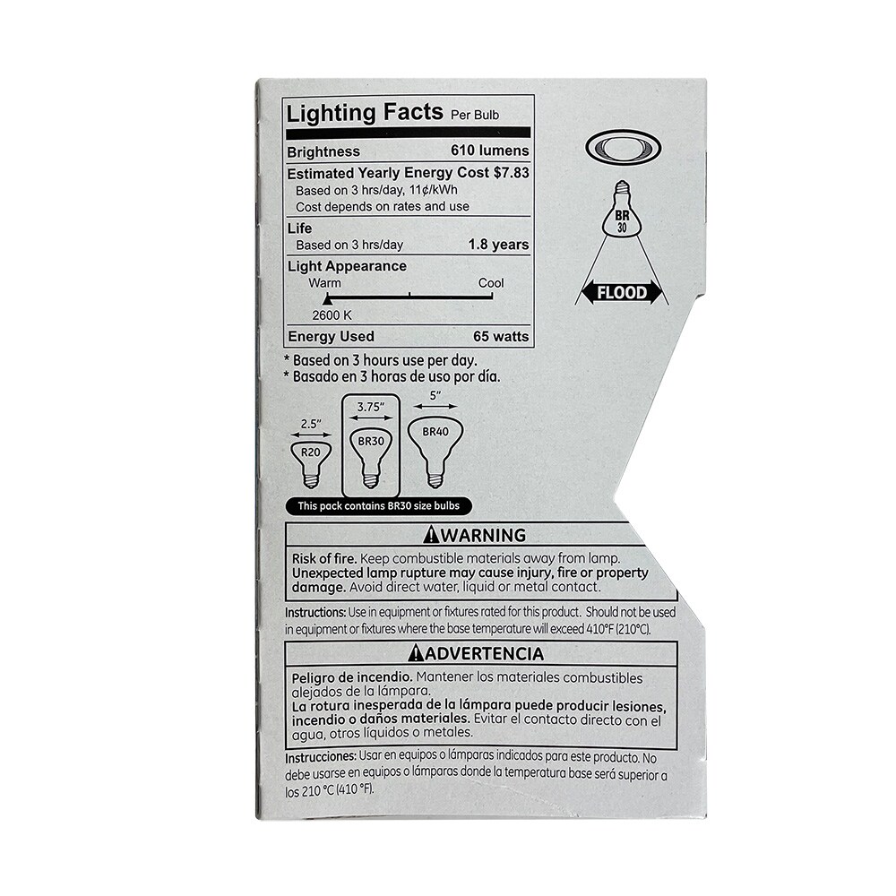 GE 65w BR30 610Lm Flood Reflector Incandescent Soft White Bulb