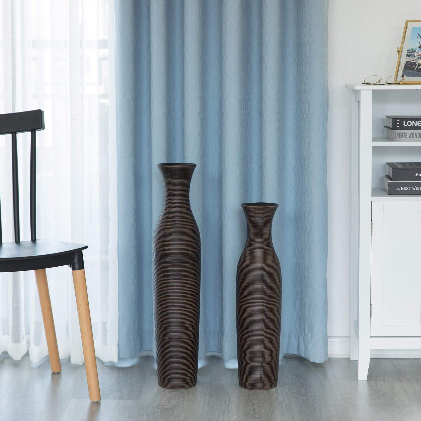 Tall Decorative Modern Ribbed Trumpet Design Brown Floor Vase - Contemporary Home Decor, Stylish Accent Piece for Living Room, Dining Room, or Entryway - Statement Vase for Flowers and Greenery