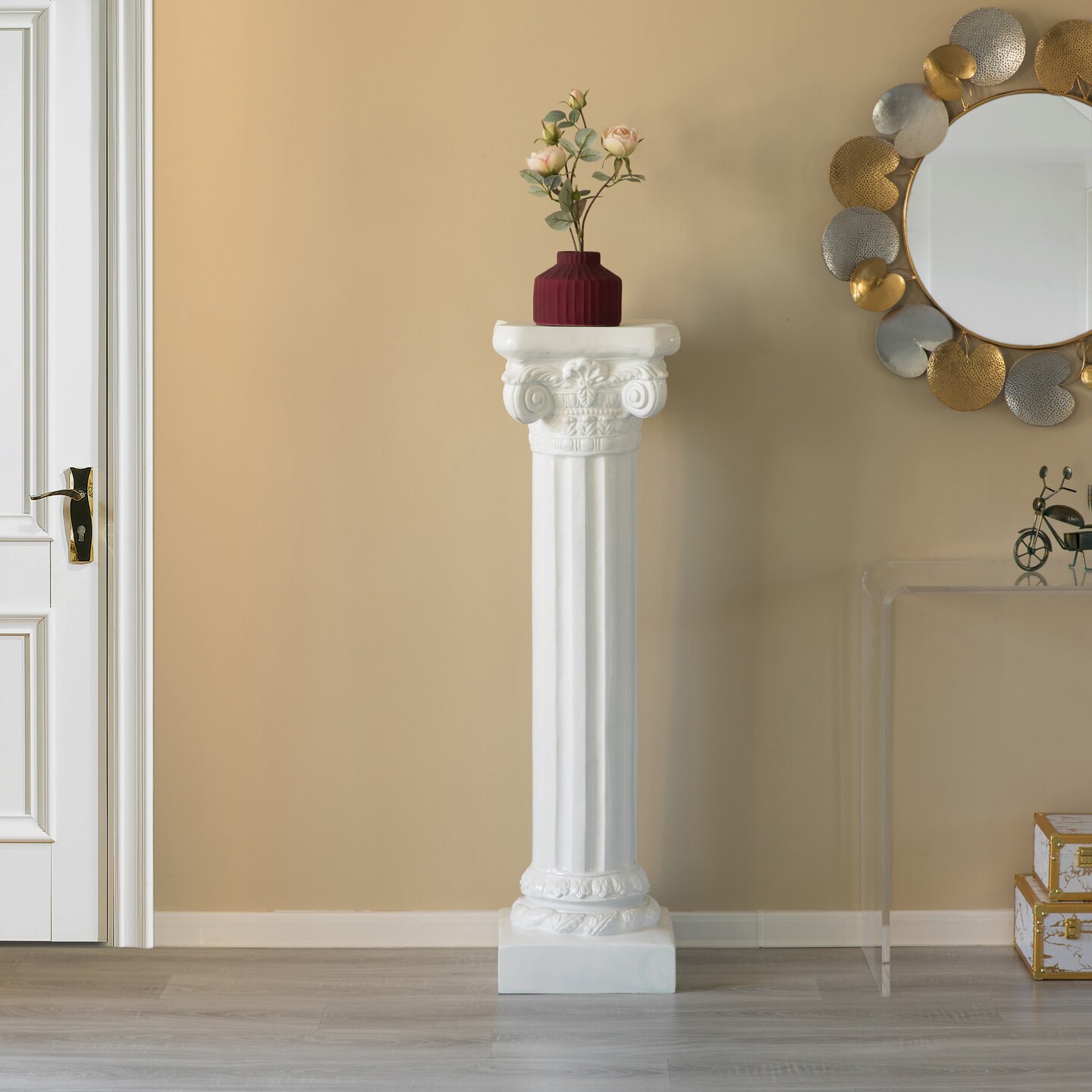 Decorative Fiberglass White Plinth Roman Style Column Ionic Piller Pedestal Vase Stand for Wedding or Party, Living Room, or Dining Room Decor - Photography Props - Sculpture Display - Greek-inspired Luxury Decor Piece with Ornate Accents