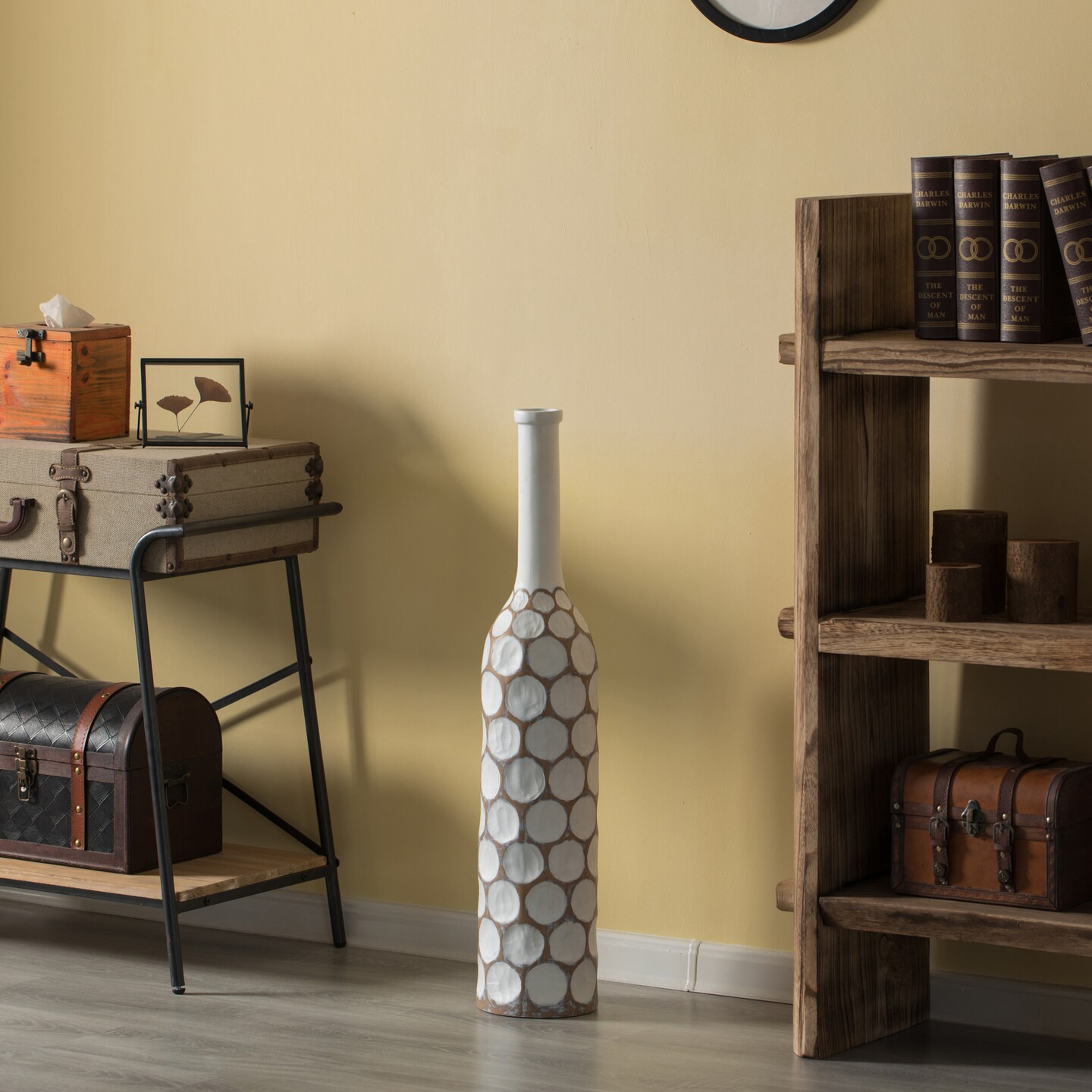 Decorative Contemporary Floor Vase White Carved Divot Bubble Design with Tall Neck