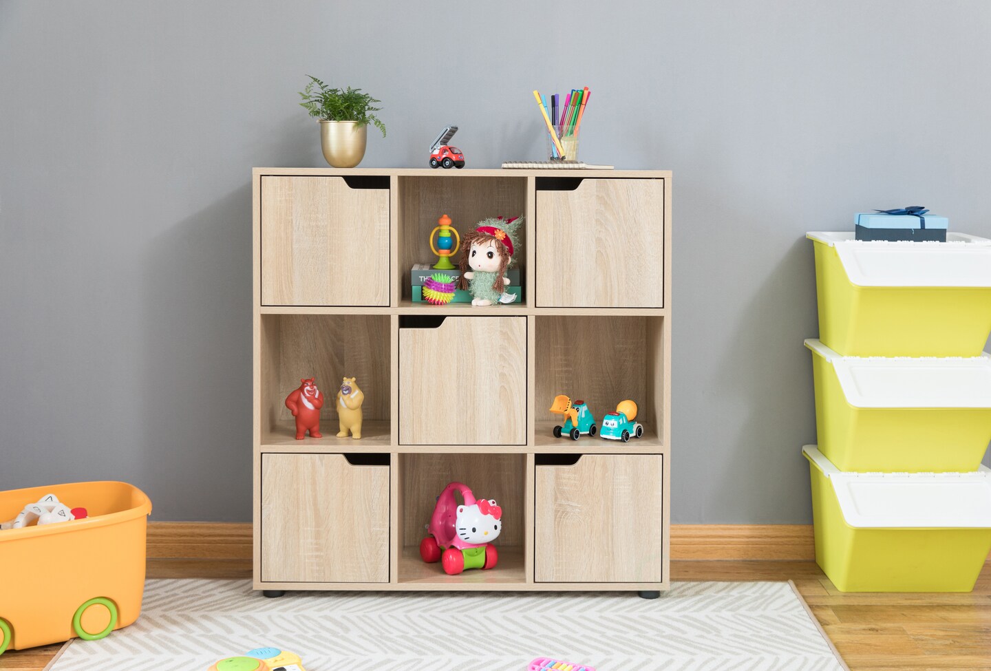 9 Cube Wooden Organizer With 5 Enclosed Doors and 4 Shelves