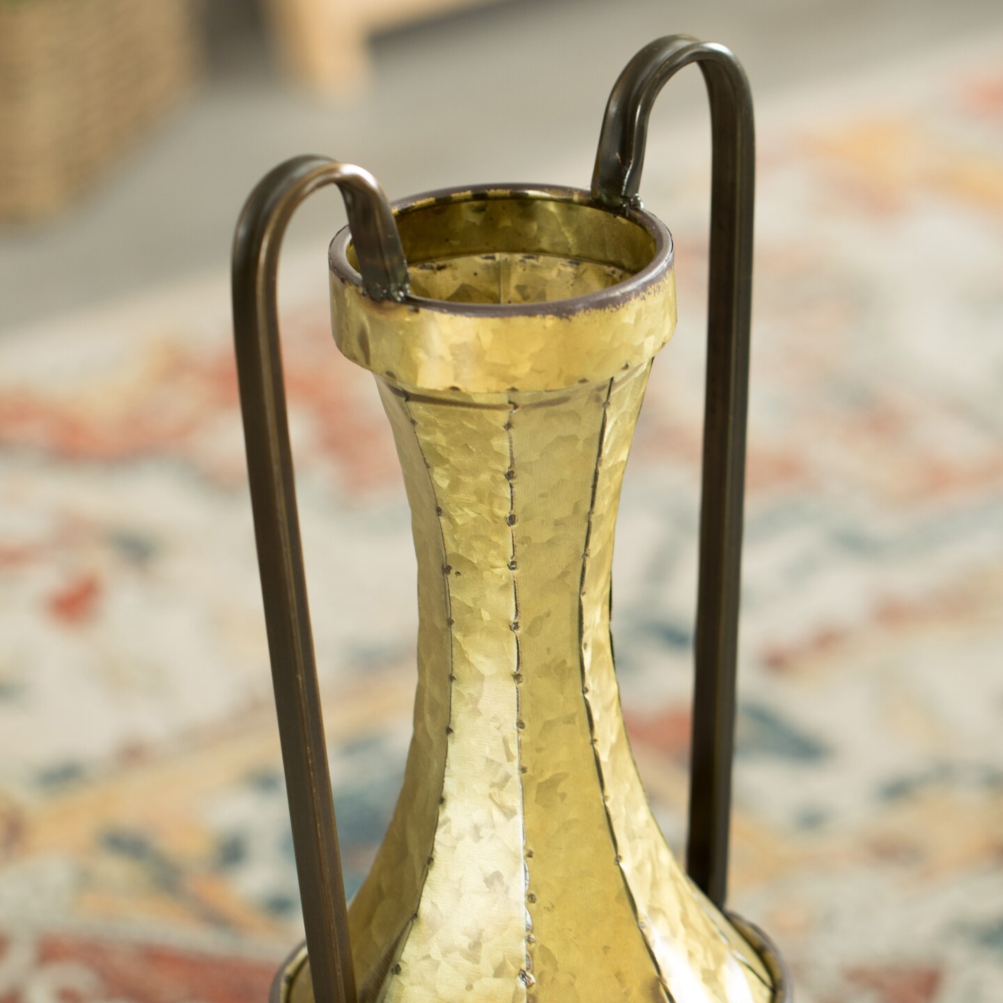 Decorative Antique Style Metal Jug Floor Vase with 2 Handles - Vintage Inspired Rustic Design for Entryway, Living Room, or Dining Room - Tall Elegant Home Decor Accent - Classic Metal Vase