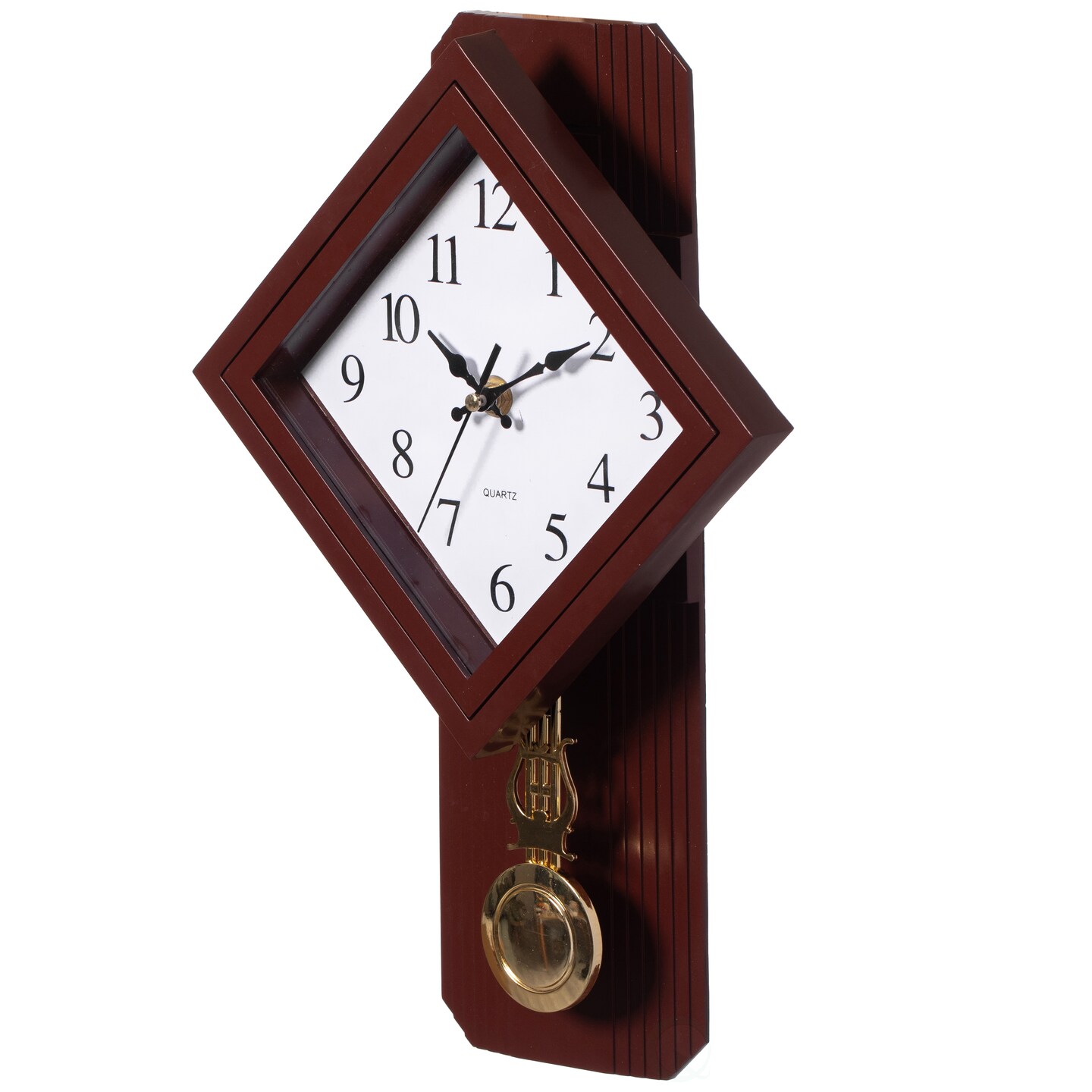 Wood-Look Pendulum Plastic Wall Clock, Vintage Farmhouse Decor for Living Room, Kitchen, or Dining Room, Silent Clock, Battery Powered, Large Decorative Wall Clock, Easy-to-Read