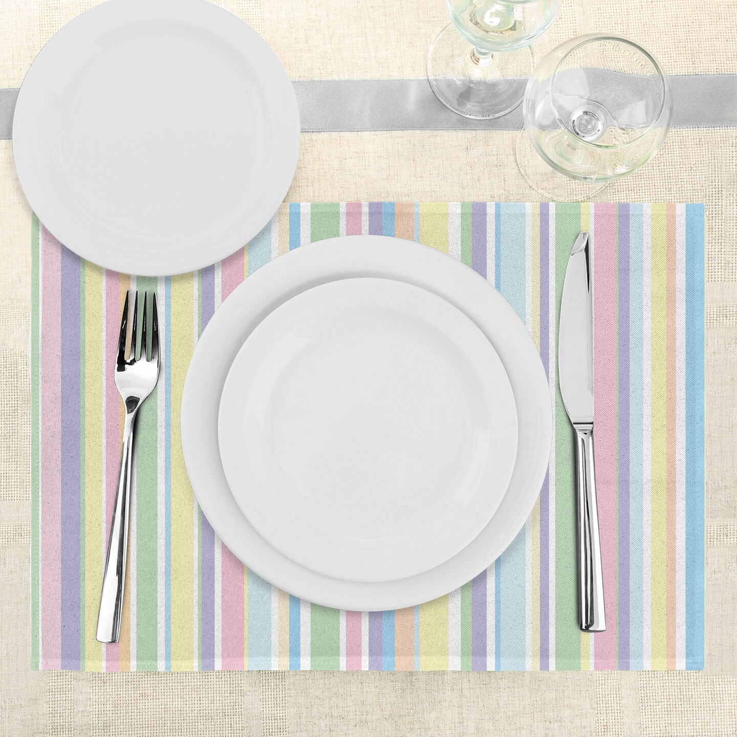 Ambesonne Pastel Place Mats Set of 4, Vertically Striped Pattern Different Colored Straight Lines Classical Old Fashioned, Washable Fabric Placemats for Dining Table, Standard Size, Multicolor