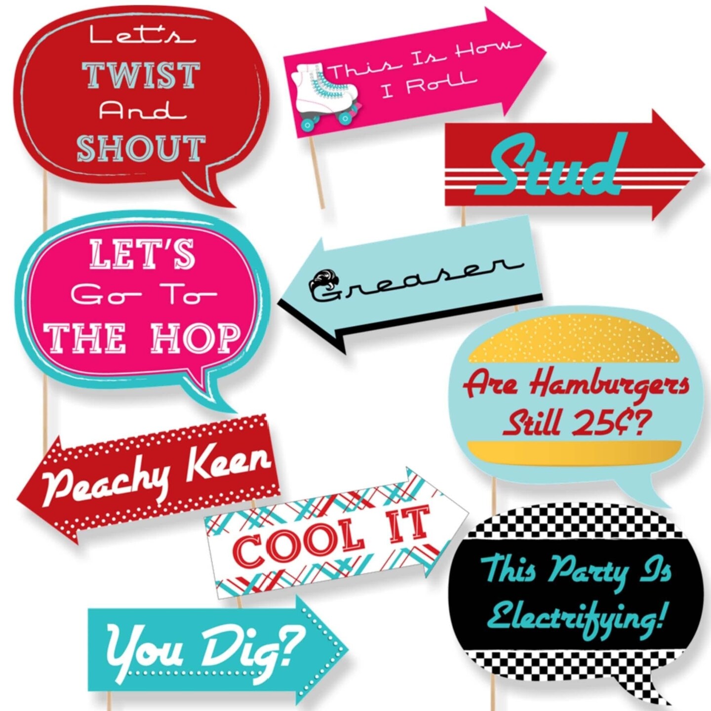 Big Dot of Happiness Funny 50's Sock Hop - 1950's Rock N Roll Party Photo Booth Props Kit - 10 Piece