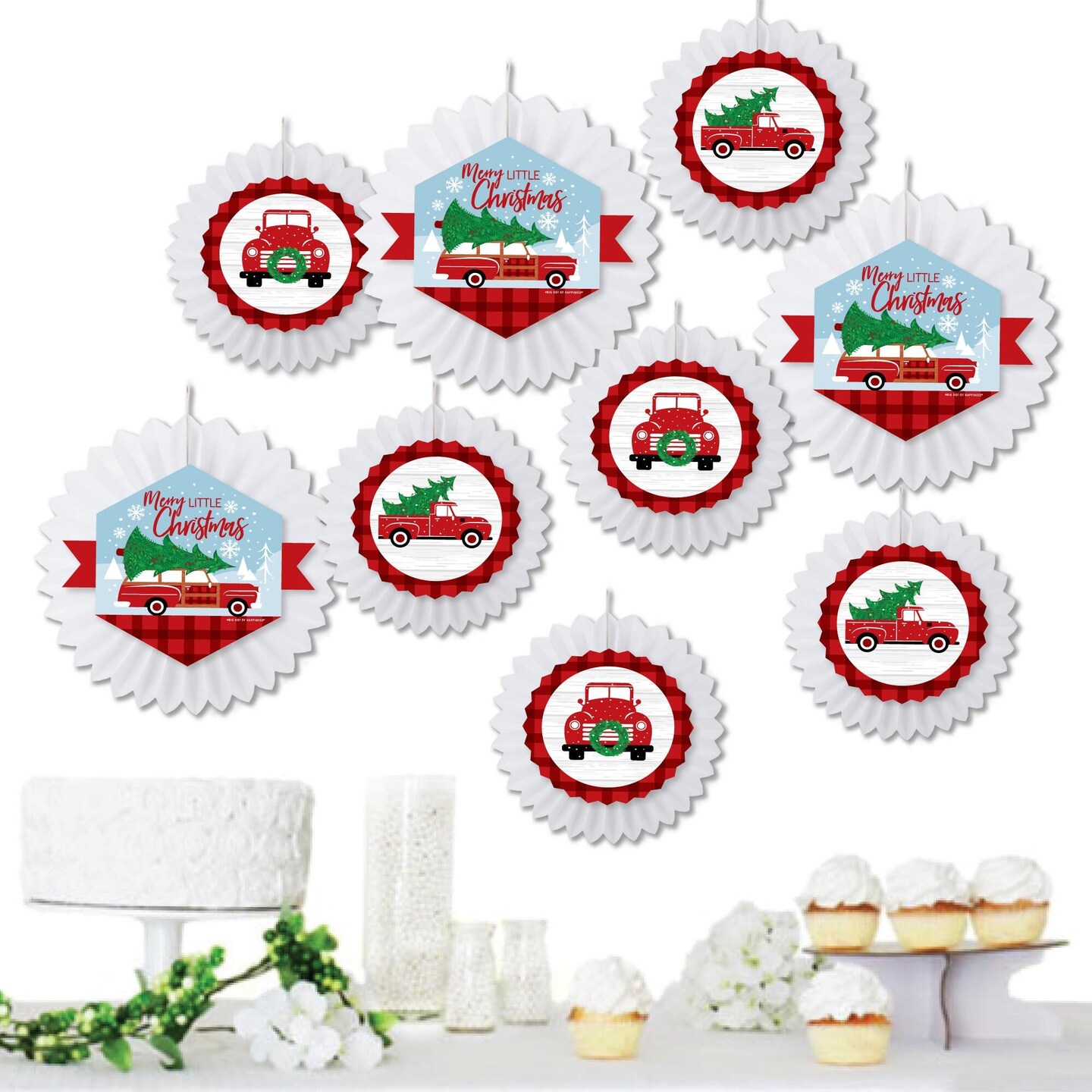 Big Dot of Happiness Merry Little Christmas Tree - Hanging Red Truck and Car Christmas Party Tissue Decoration Kit - Paper Fans - Set of 9