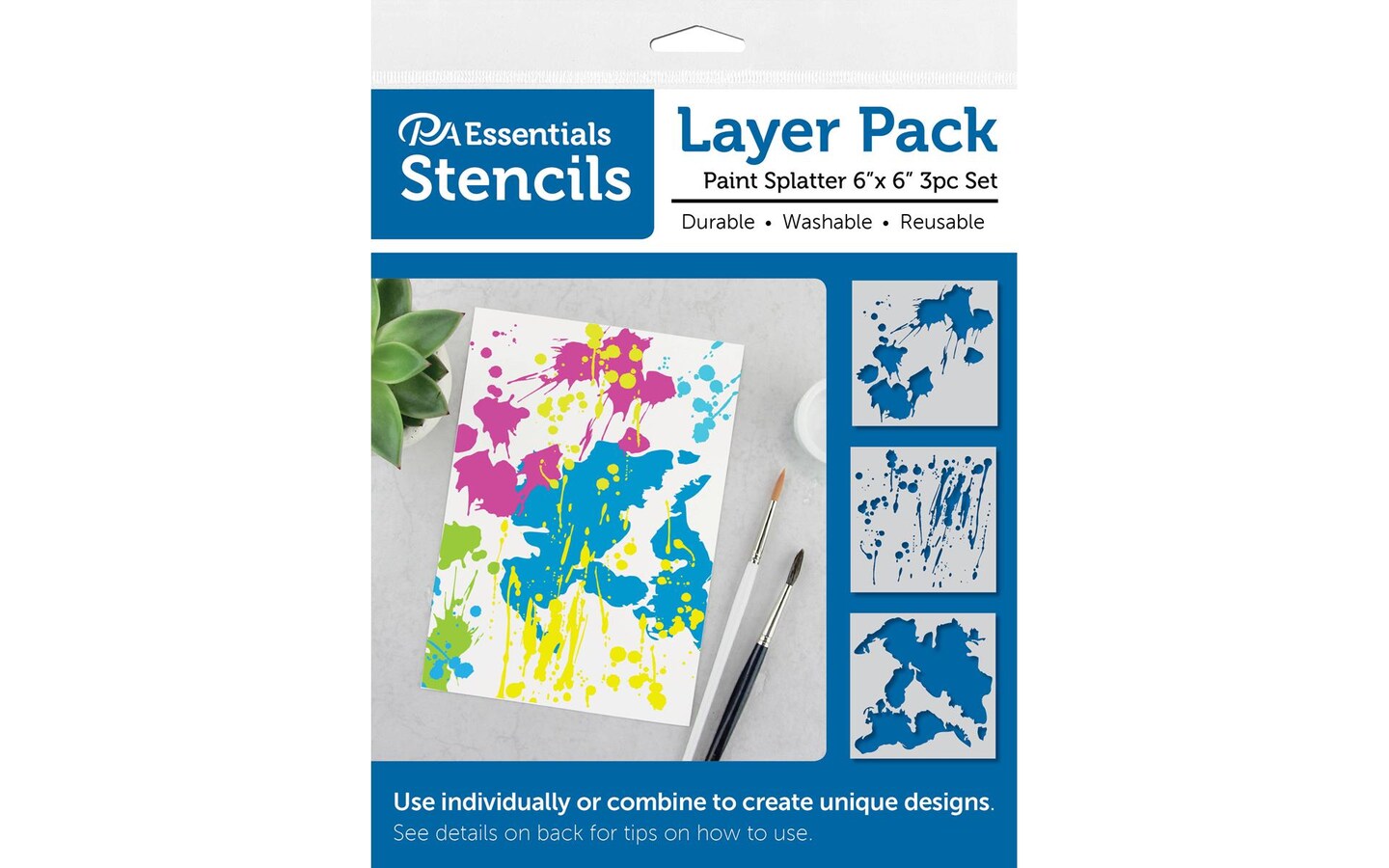 PA Essentials Stencil Layer Pack Paint Splatter, 3 piece, for Painting on Wood, Canvas, Paper, Fabric, Wall and Tile, Reusable DIY Art and Craft Stencils for Painting, 6"x6" Inches