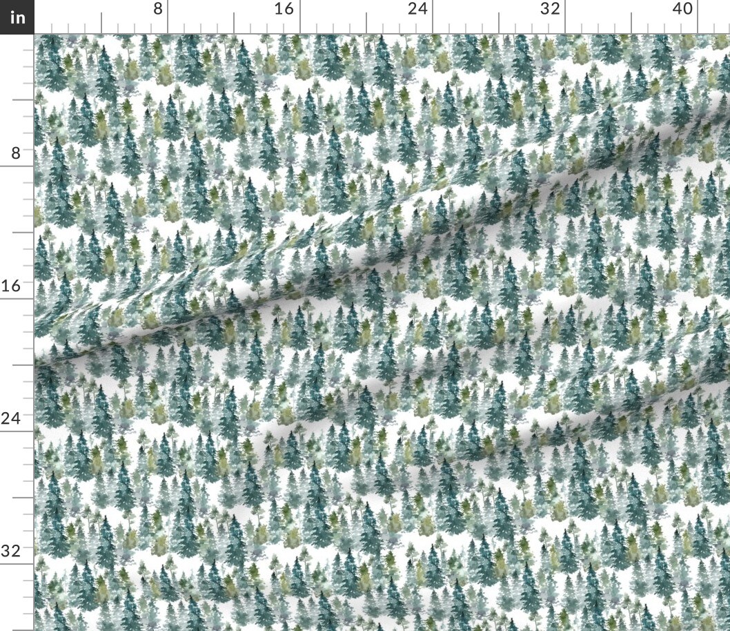 Woodland Pine Trees White Winter Christmas Snowy Watercolor Green Holiday Forest Custom Printed Fabric by Spoonflower Various Fabrics by the Yard or Fat Quarter