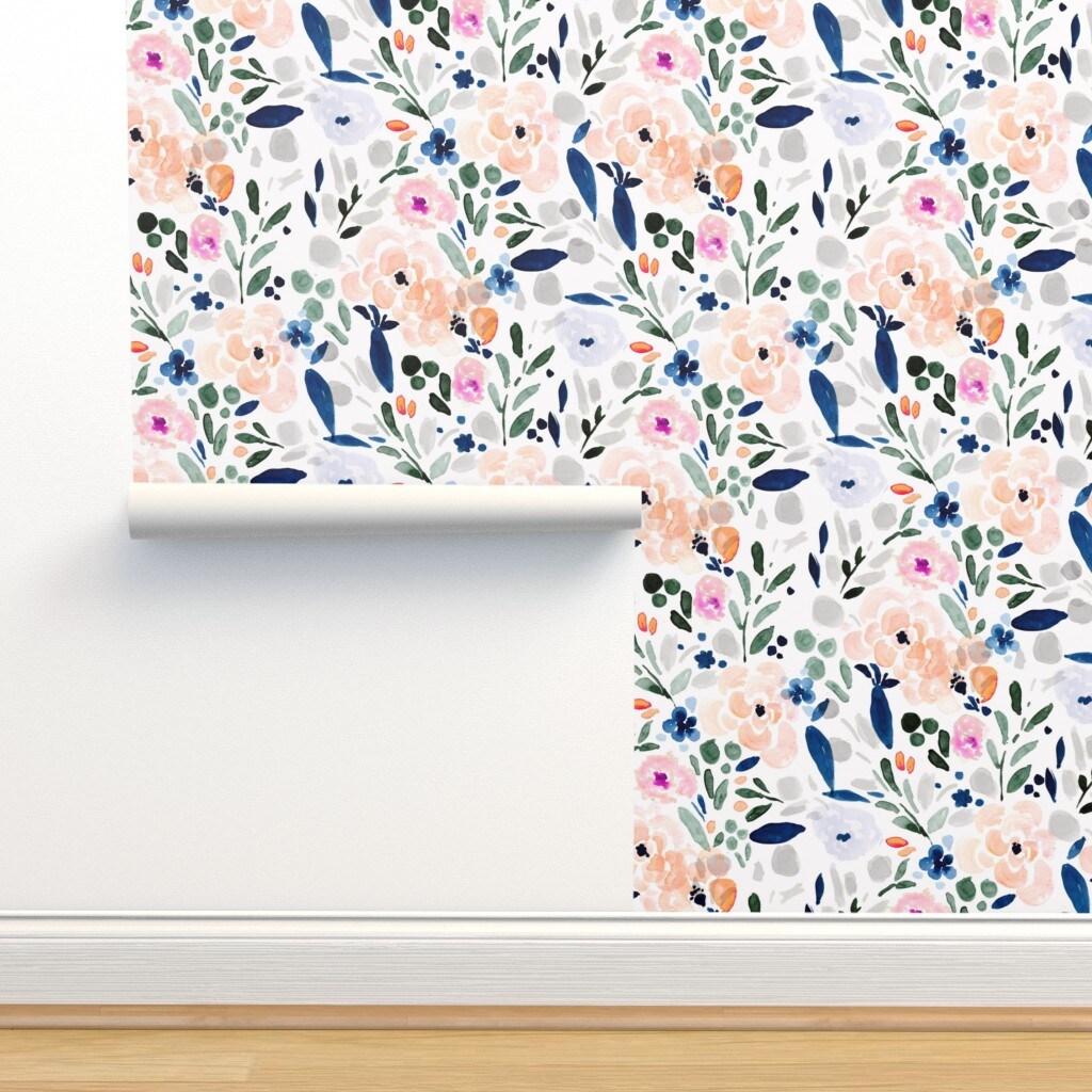 Pastel Floral Watercolor Garden Flowers Bohemian Girly Botanical Custom Removable Wallpaper by Spoonflower Peel & Stick Wallpaper 2FT Wide
