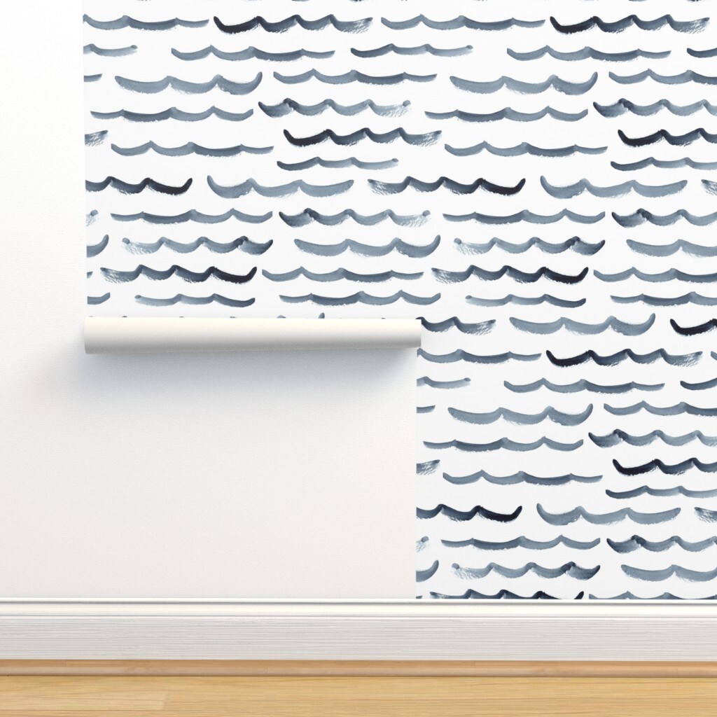 Watercolor Ocean Modern Nautical Blue And White Abstract Waves Maritime Beach Custom Removable Wallpaper by Spoonflower Peel & Stick Wallpaper 2FT Wide