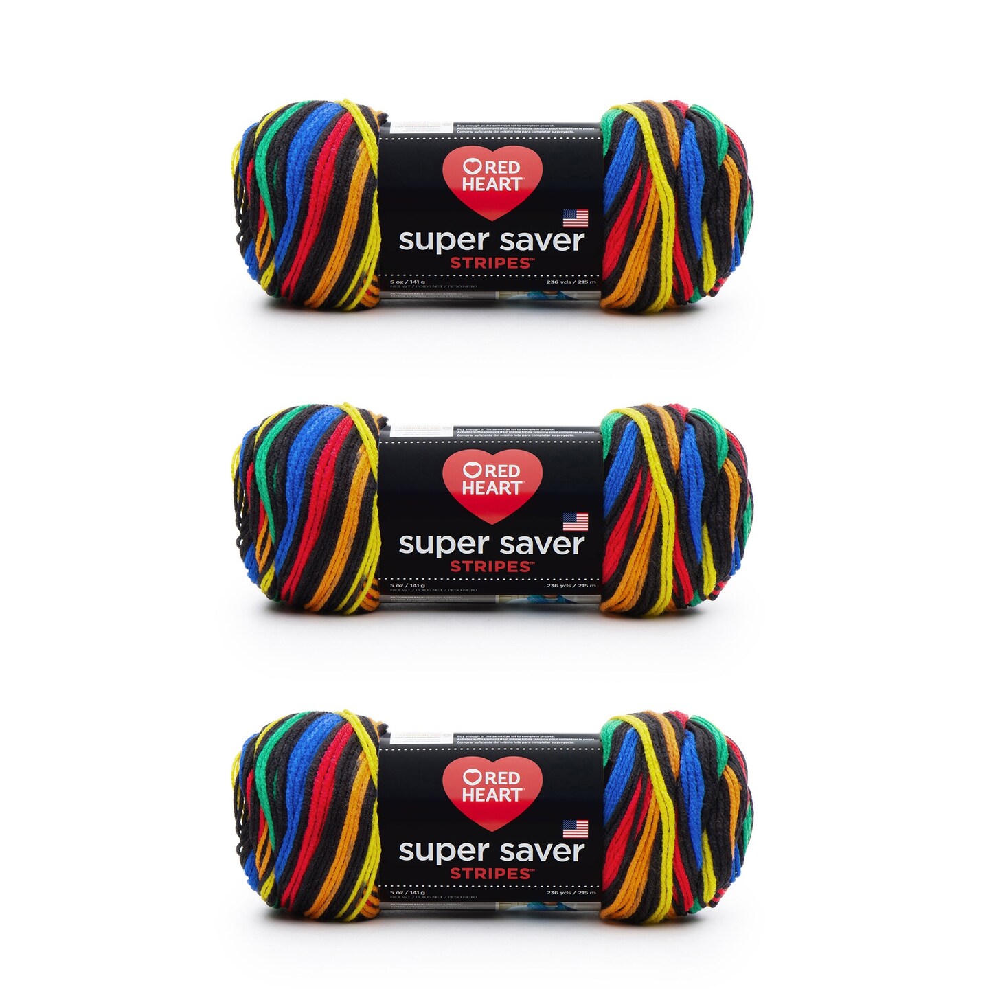 Red Heart Super Saver Primary Stripes Yarn - 3 Pack of 141g/5oz - Acrylic - 4 Medium (Worsted) - 236 Yards - Knitting/Crochet