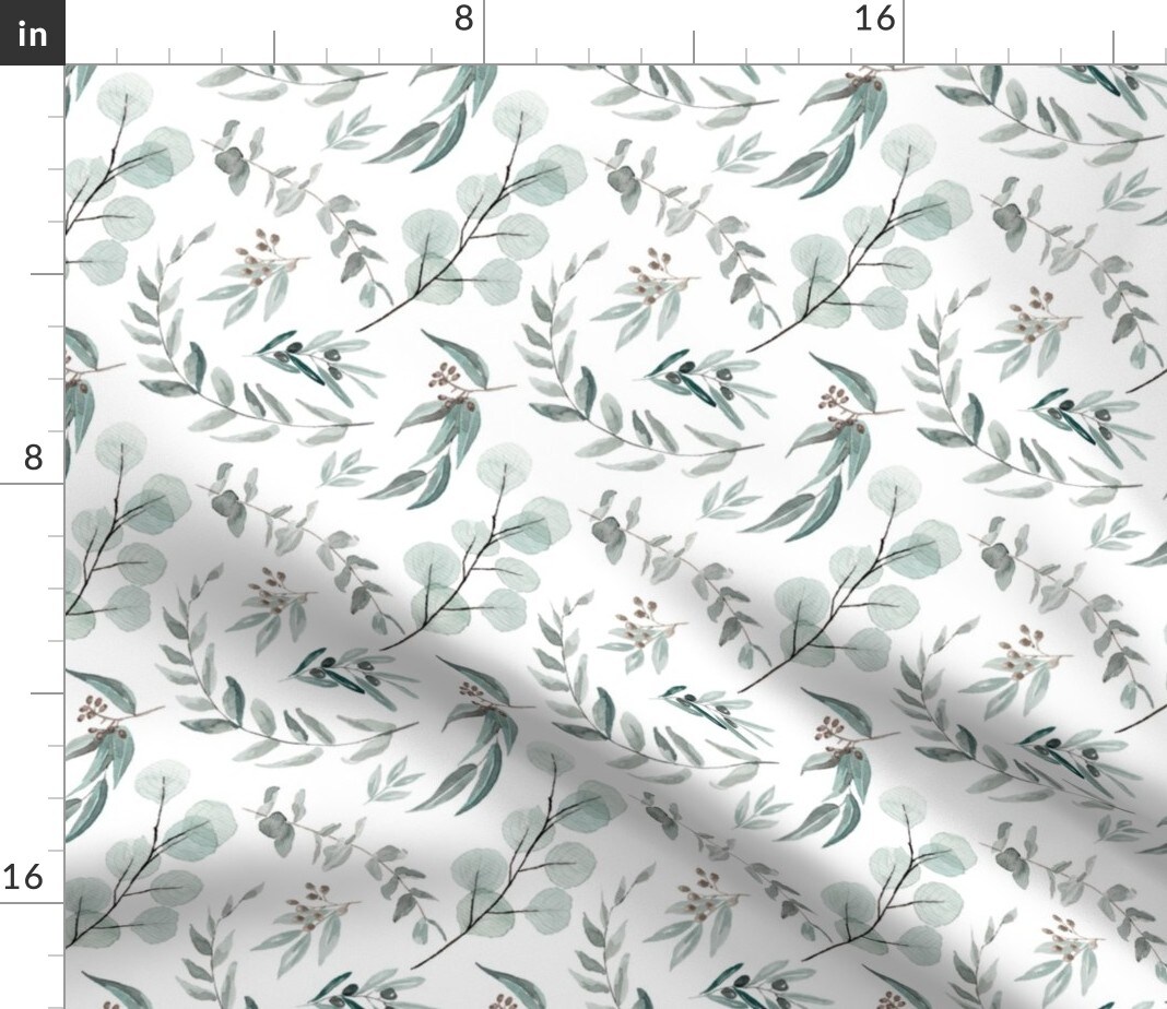 Australian Eucalyptus Leaves Botanical Flora Rustic Farmhouse White Green Watercolor Greenery Custom Printed Fabric by Spoonflower Various Fabrics by the Yard or Fat Quarter