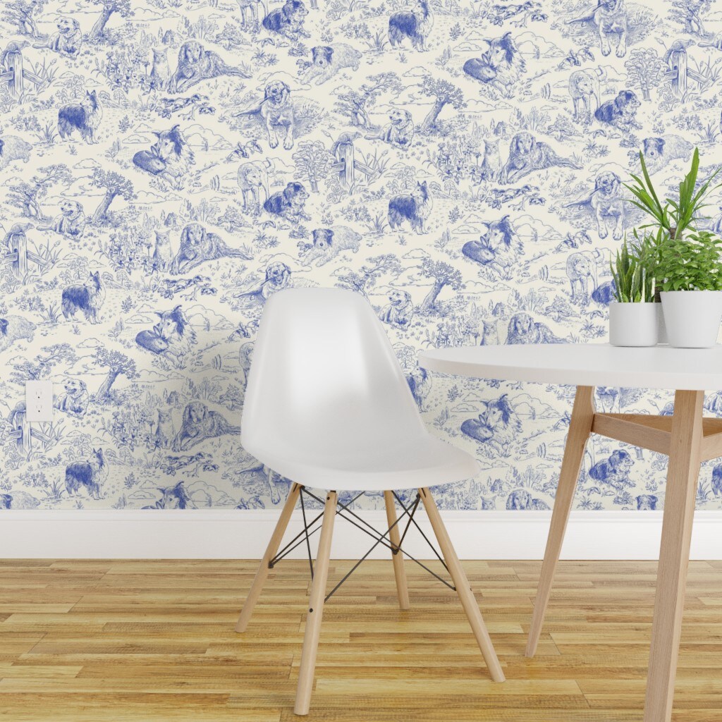Pre-Pasted Wallpaper 2FT Wide Blue Toile Country Style Hand Drawn Landscape Traditional Collie Toil Ecru Sheep Dog Australian Shepherd Shetland Custom Pre-pasted Wallpaper by Spoonflower
