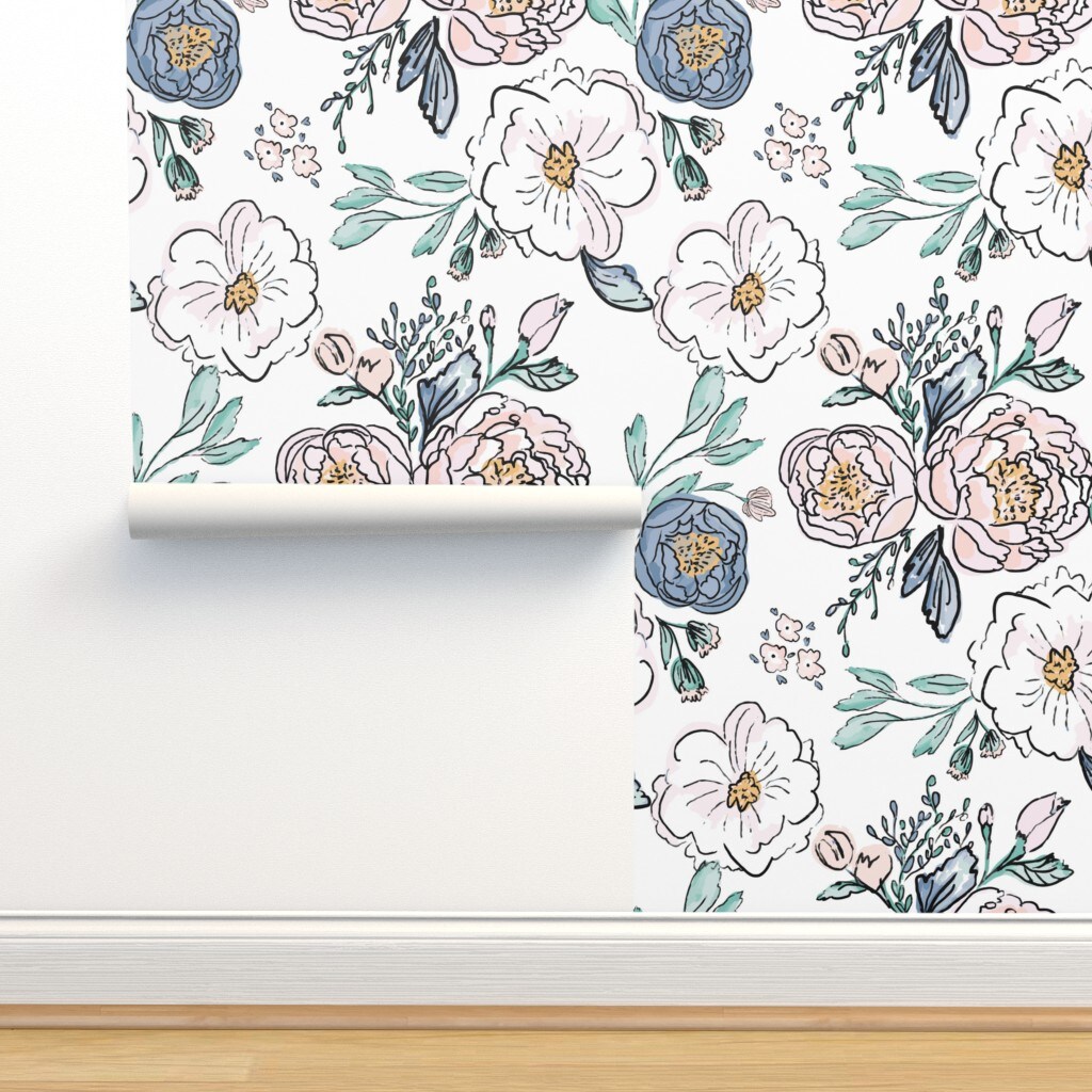 Bloom Periwinkle Rose Blush Custom Removable Wallpaper by Spoonflower Peel & Stick Wallpaper 2FT Wide