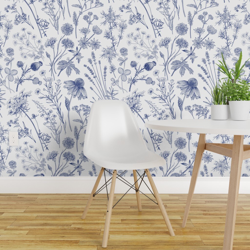 Pre-Pasted Wallpaper 2FT Wide Wild Flowers Flower White Vintage Blue Floral Retro Custom Pre-pasted Wallpaper by Spoonflower