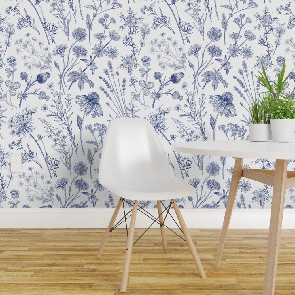 Peel &#x26; Stick Wallpaper 2FT Wide Wild Flowers Flower White Vintage Blue Floral Retro Custom Removable Wallpaper by Spoonflower