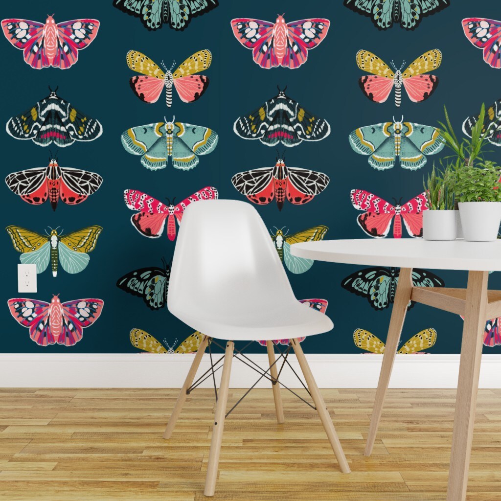 Peel &#x26; Stick Wallpaper 2FT Wide Butterflies Insect Nature Moth Botanical Bugs Girl Pink Custom Removable Wallpaper by Spoonflower