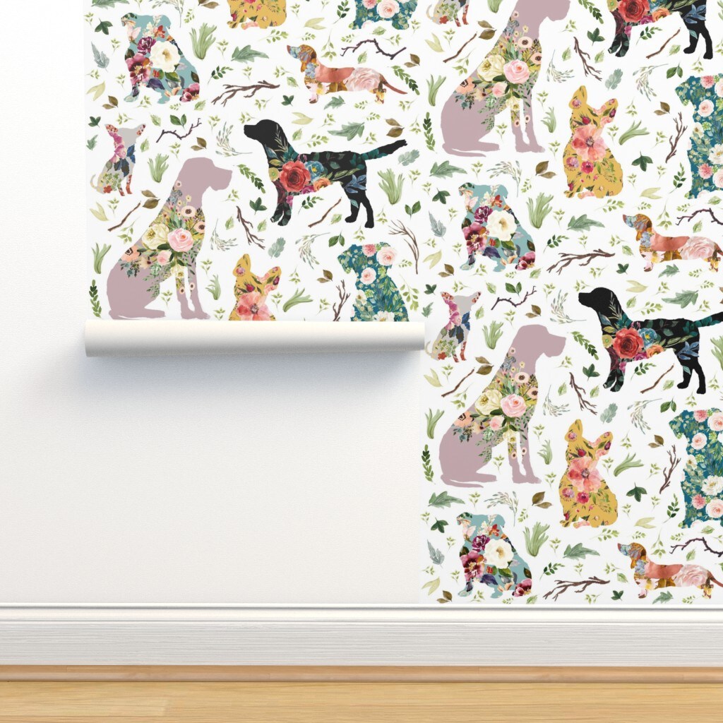 Floral Dogs Kids Baby Rescue Rustic Colorful Watercolor Custom Removable Wallpaper by Spoonflower Peel & Stick Wallpaper 2FT Wide