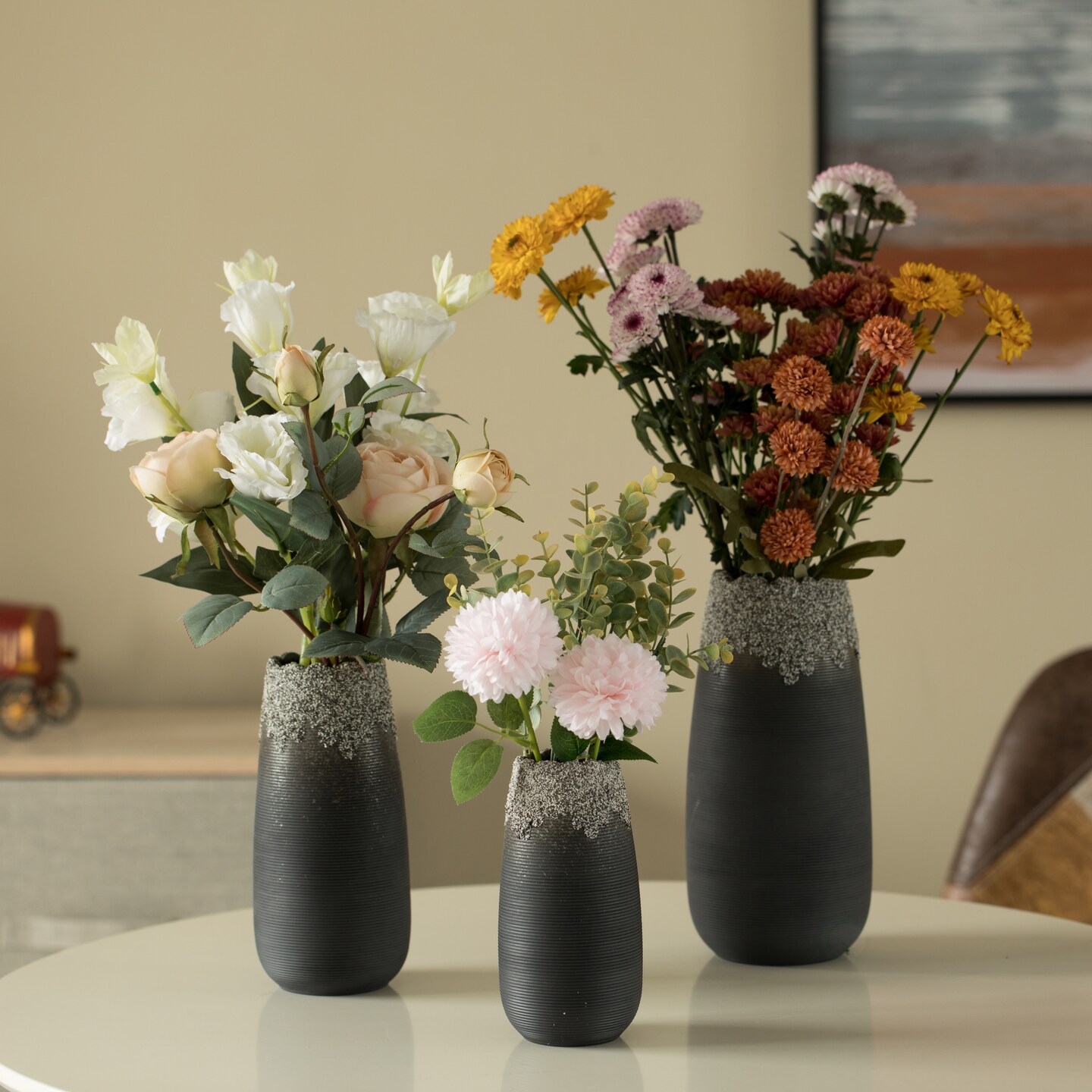 Modern Farmhouse Home Décor Accents; Boho Vases for Table Decor, Housewarming Gifts, Black Ceramic Table Vase with Dripping Crystal Look and Scalloped Opening Design