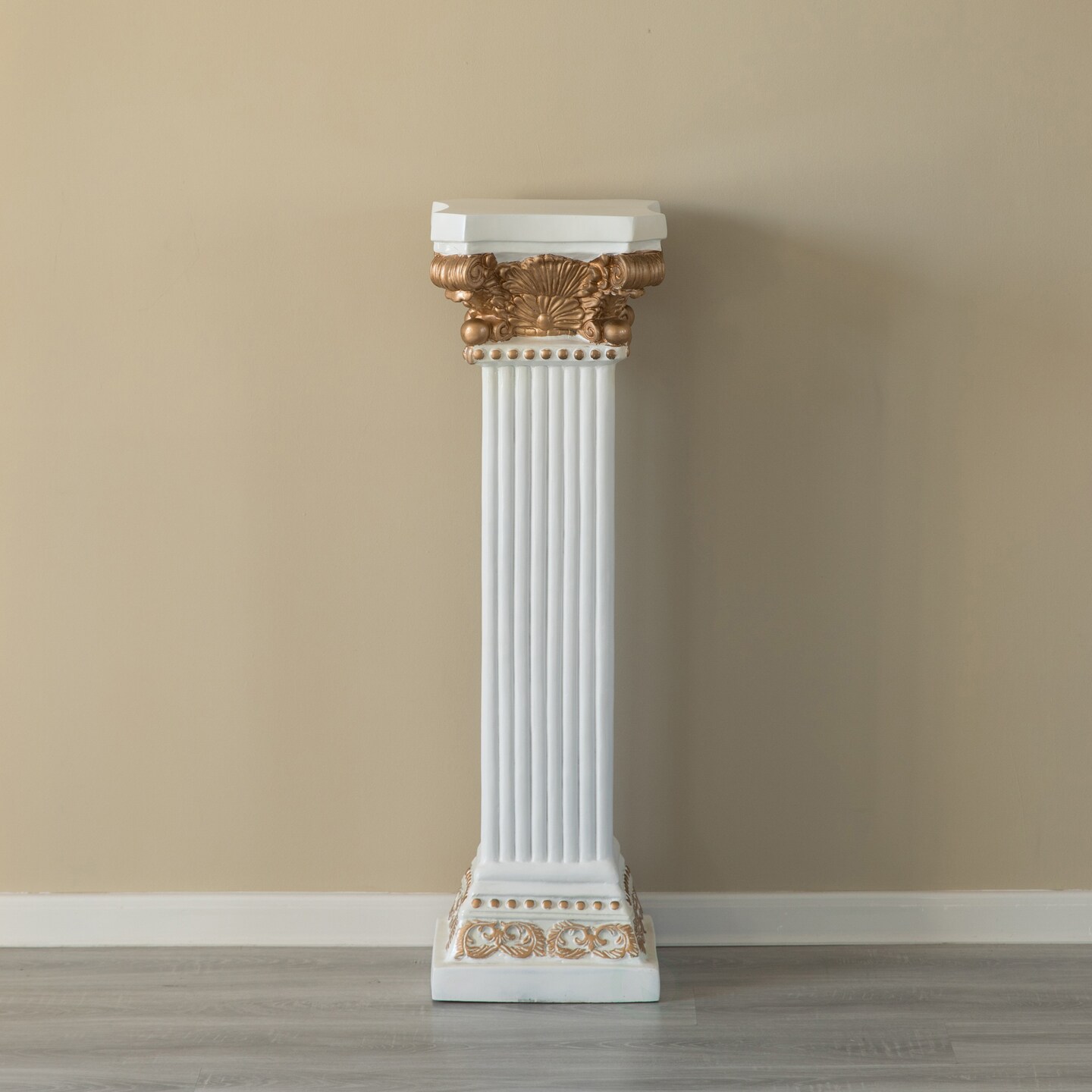 Decorative Fiberglass White and Gold Plinth Roman Style Column Ionic Piller Pedestal Vase Stand for Wedding or Party, Living Room, or Dining Room Decor - Photography Props - Sculpture Display - Greek-inspired Luxury Decor Piece with Ornate Gold Accen