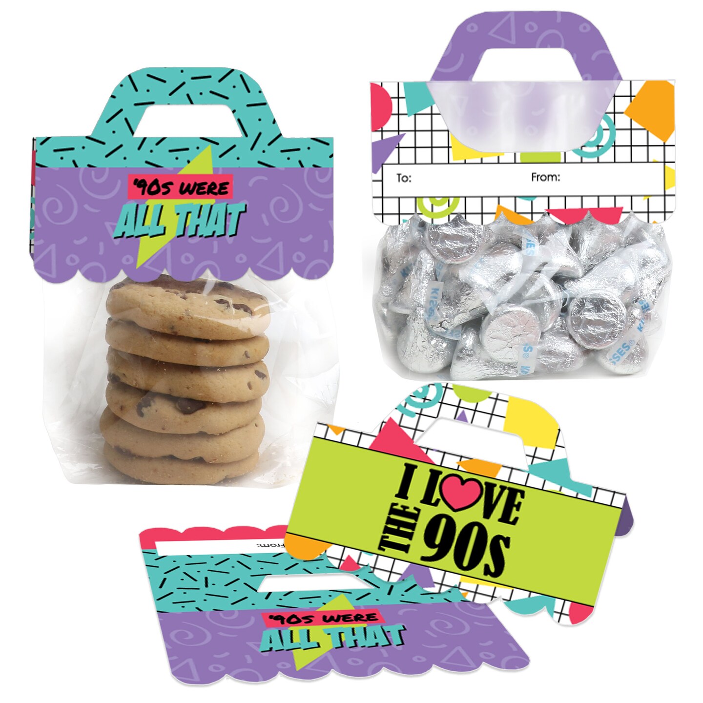 Big Dot of Happiness 90&#x27;s Throwback DIY 1990s Party Clear Goodie Favor Bag Labels Candy Bags with Toppers Set of 24
