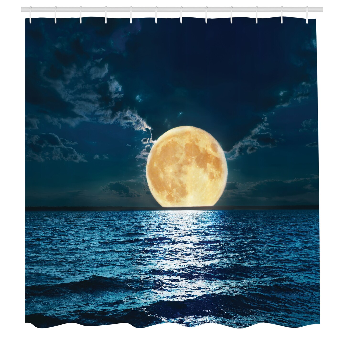 Ambesonne Ocean Shower Curtain, Super Moon Over Ocean Surface Midnight View Dreamy Mystic Picture Print, Cloth Fabric Bathroom Decor Set with Hooks, 69&#x22; W x 70&#x22; L, Yellow Navy