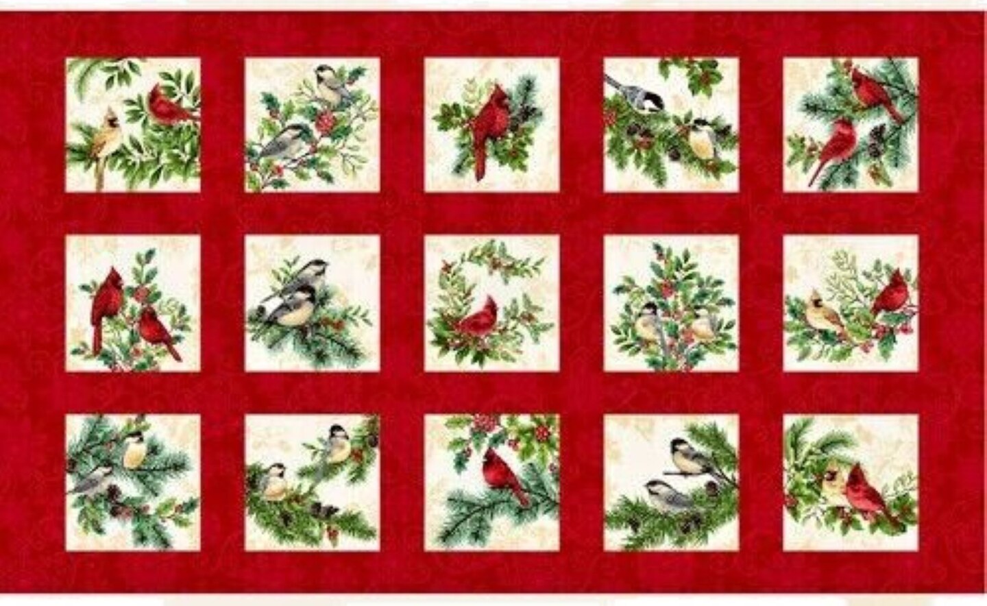 Winter Garden Cardinals and Chickadees Panel Cotton Fabric by Henry Glass