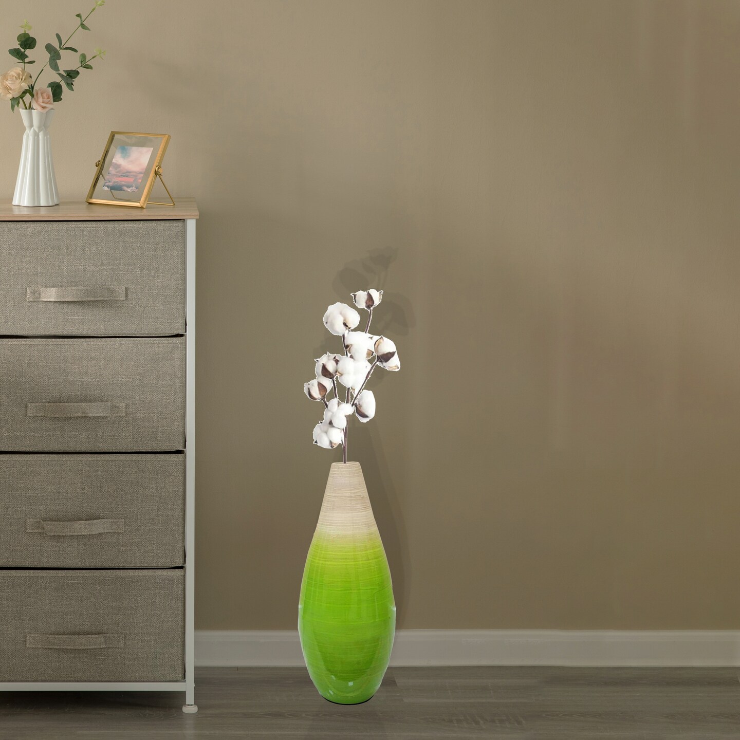 Contemporary Bamboo Floor Flower Vase Tear Drop Design for Dining, Living Room, Entryway Decoration Fill It with Dried Branches or Flowers, Green
